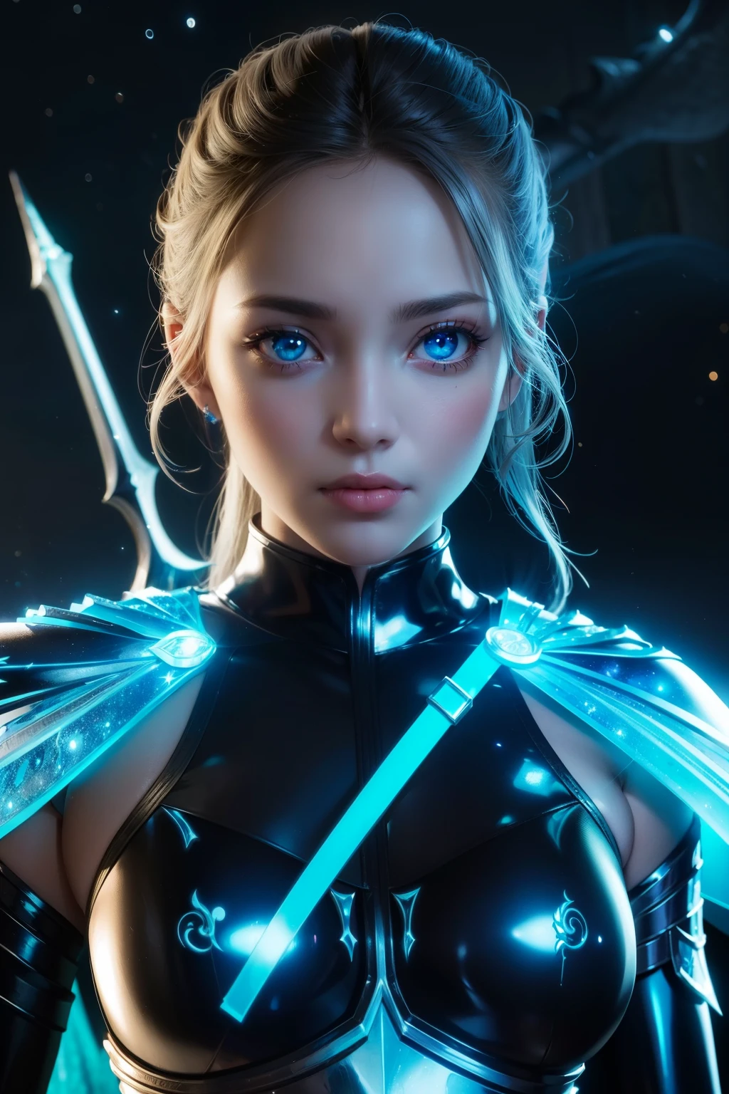 Waist up (perspective angle from bottom to top) fantasy valkyrie girl in tight glowing & super detailed ornad armor with hero galaxy glowing cape, sharp focus, UHD, (masterpiece), best quality, expressive eyes, perfect face, cinematic illumination, midnight aura, 4k
