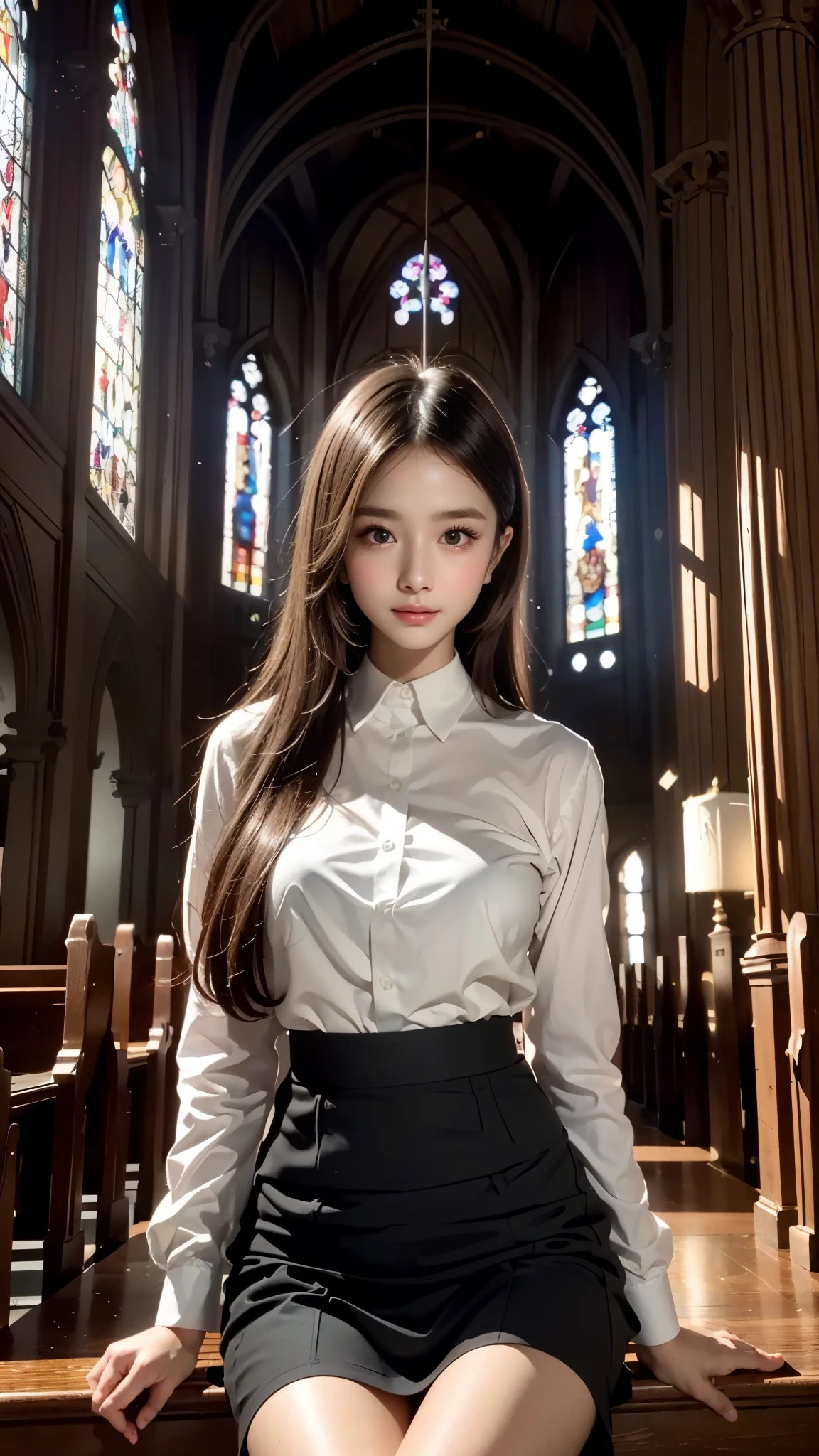 (best quality), (realistic, photo-realistic:1.3), (masterpiece:1.3), CG, unity, 32k, amazing, finely detail, ultra-detailed, highres, absurdres, ((ultra-detailed)), ((highly detailed CG illustration)), ((an extremely delicate and beautiful)), (cute delicate face), cinematic light, (1girl), solo, face focus, petals, night background, fireflies, light particle, Beautiful Woman, 25 years old, small breasts:1.3, tanned skin, tanned, dark skin, tanned body, Beautiful medium breasts), nice body, Dark Brown Hair, (the Stairs in the ((extremely The background is the interior of a deserted Gothic church))), (business-suit and black pencil skirt:1.4), Ultra Detailed-stairs Face, Detailed Lips, Detailed Eyes, Symmetrical eyes, High ponytail hair, Slender Figure:0.8, Japanese idol:1.3, upper eyes, shy smile:1.2, (((Skirt lifting))), looking in camera, Angle from below, Short skirt, Squatting, Detailed panties, show panties