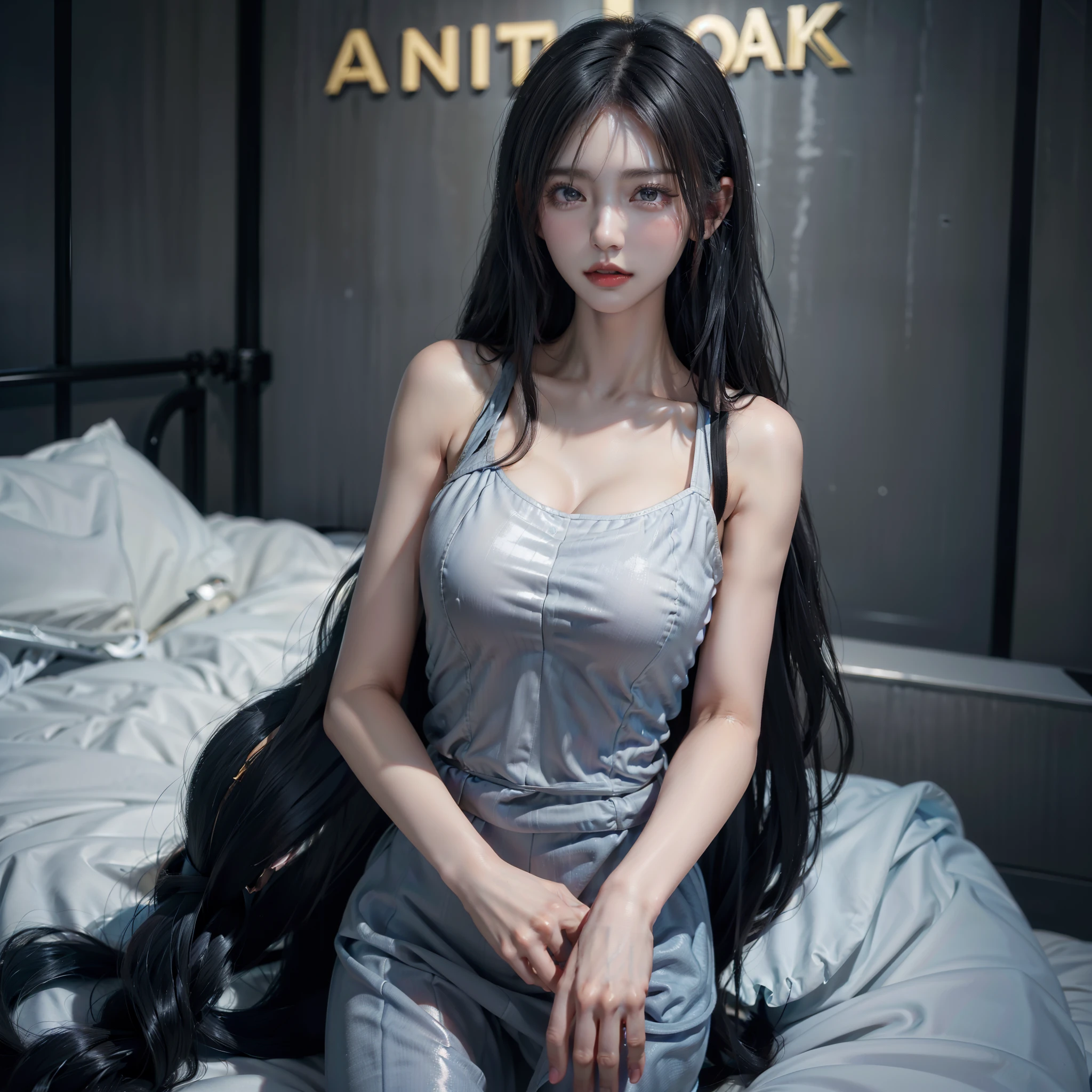 ((best image quality、highest quality、highest resolution、Ultra-realistic photography、full body photo、16k、))、Massive amount of black hair on the bed、ultra-long hair about 3 meters long,,,,、One adult woman、very beautiful face、She has super long hair that covers her whole body、The longest black hair in the world、Long black hair clings to the whole body、Black hair with the most hair in the world、