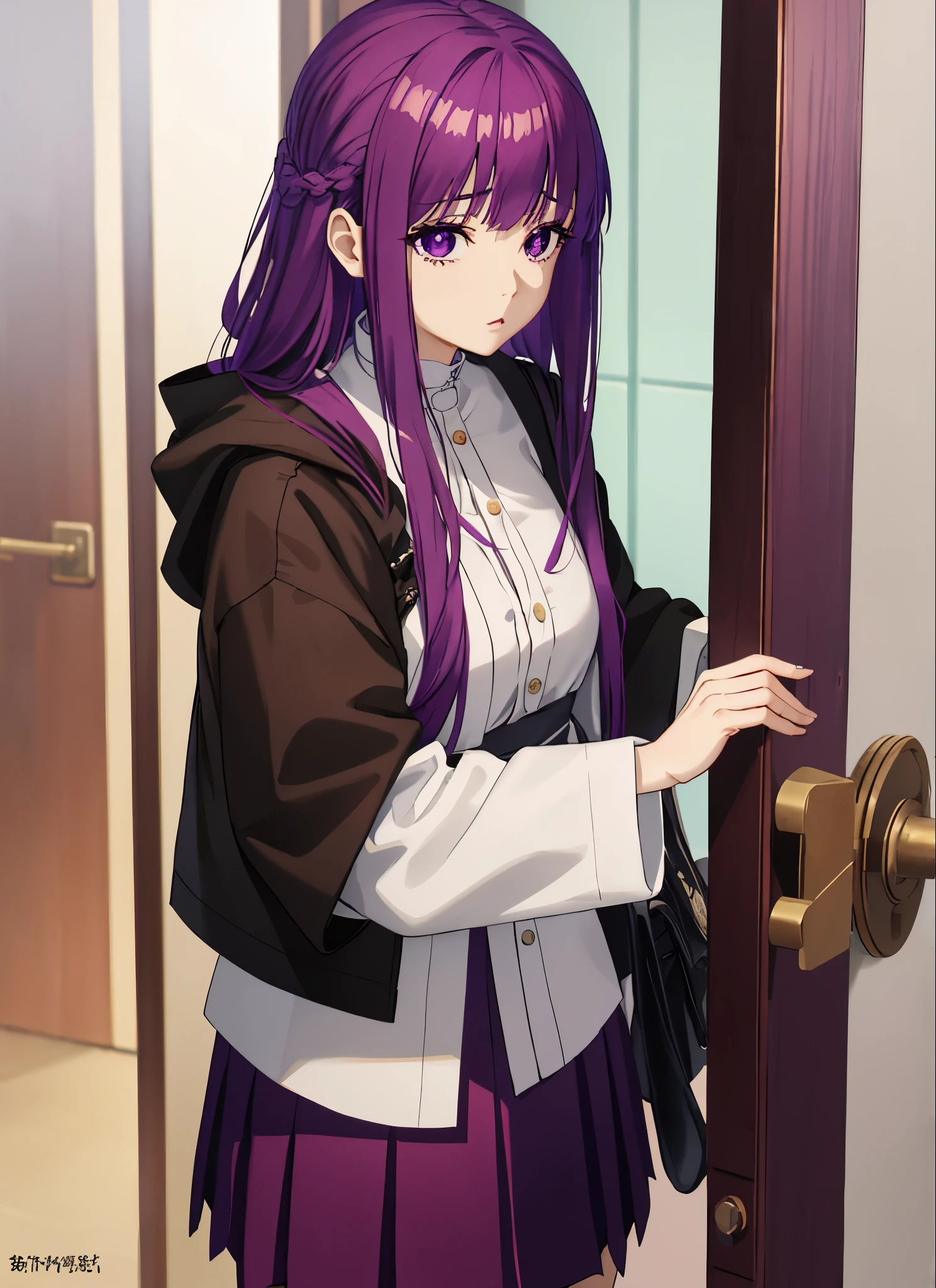 there is a woman standing in front of a door holding a cell phone, a portrait inspired by Ma Yuanyu, instagram, shin hanga, seifuku, shiori teshirogi, wearing jacket and skirt, maya takamura, nishimiya shouko, akiko takase, yuuka kazami, yasumoto oka, gongbi
purple_eyes,purple_hair