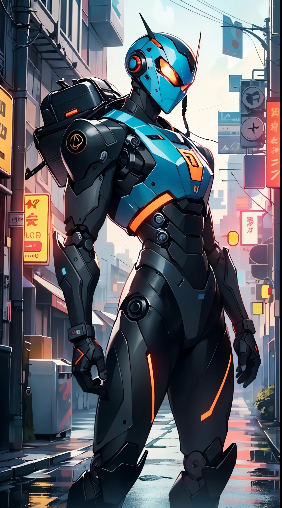 Imposing black plastic metal android robot,three meters tall and with a minimalist design that highlights its marked metallic musculature. His head is smooth and adorned with RGB lights that highlight his uniqueness and futurism.

He carries a metal backpack on his back that contains drones,turrets,and firearms. The backpack has spidery legs that allow it to move quickly.

Although most of his body is a deep,glossy black,there are orange,purple,and blue details that highlight his striking,futuristic design. It is undoubtedly an impressive creation that does not go unnoticed.

(((muscular))),hypermuscle, hyper muscles,carbon robot,humanoid robot, robot, robot joints, joints, helmet, armor, head-mounted display,(((robot with minimalist design))),

(dynamic pose:1.0),solo focus,(centered,scale to fit dimensions,Rule of thirds),

cyberpunk city by the ocean at night, with bright neon signs and dark stormy clouds and puddles, scenery:1.25,

artistic photography,(photography taken by sldr),highres, sharp focus, (ultra detailed, extremely detailed), (photorealistic artwork:1.37),(extremely detailed CG unity 8k wallpaper),((synthwave background theme)),(((vibrant colors))),(intricate background),(masterpiece),(best quality),