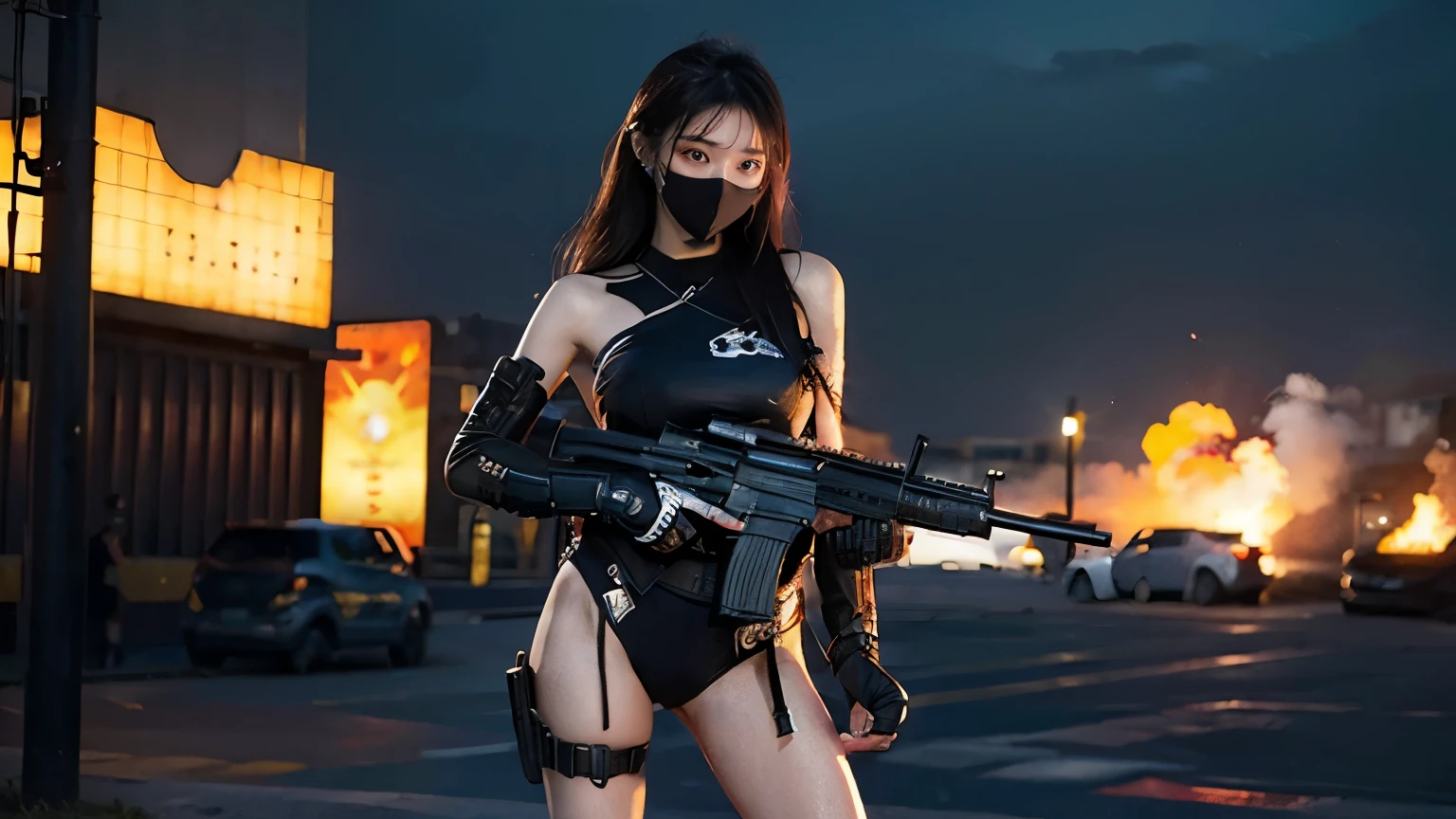 ((best quality, (masterpiece), photorealistic, photorealism, Photorealistic, high resolution)), 1girl full body, aiming with an assault rifle,squatting ,open legs, Combat pose, a bit chubby, (Detailed face), (wearing rash-guard likes police uniform, gloves, black and grey mecha, wearing futuristic-headset, ((black skirt)), ((red laced panties)),military harness, holding a machinegun, carrying hich-tech-launcher), background grey wall, Fingers are occluded,looking at viewer,from below