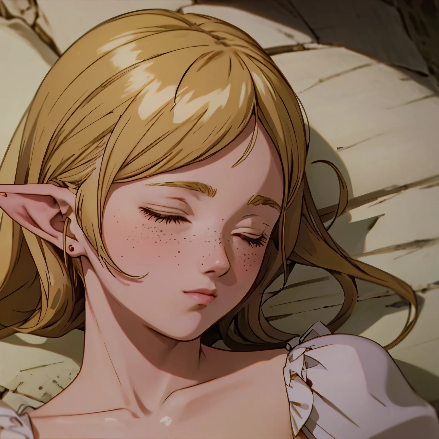 a beautiful blonde woman with elf ears and freckles, Asleep