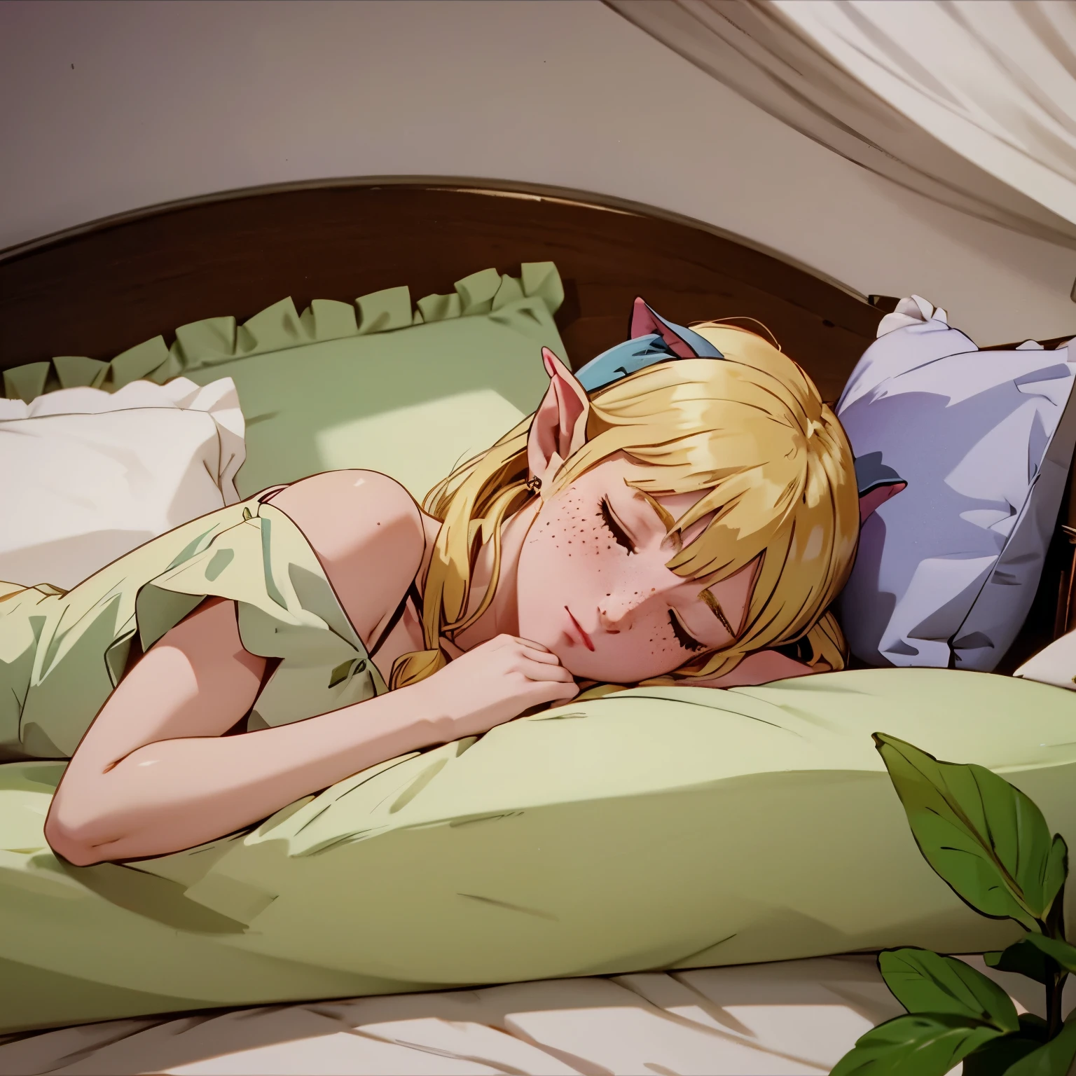 a beautiful blonde woman with elf ears and freckles, sleeping in a bed