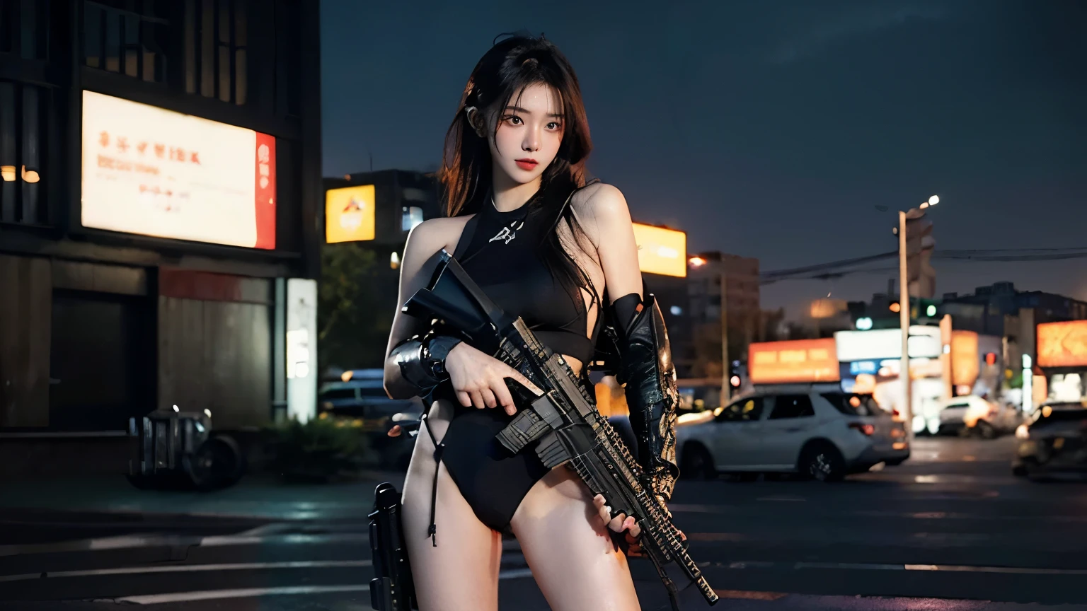 STAR15Mod, (masterpiece), (best quality), (ultra-detailed), (best illustration),(best shadow), looking at viewer, cowboy shot, fiery destroyed cyperpunk city background, tactical gear, tactical pouches, (gas mask:0.8), tactical armor, assault rifle, holstered handgun, (frown:1.3), , 1girl, solo, bare legs, bare shoulder, Big boob, sexy body, wet and shinny skin, bloody, croeded people on the sreets