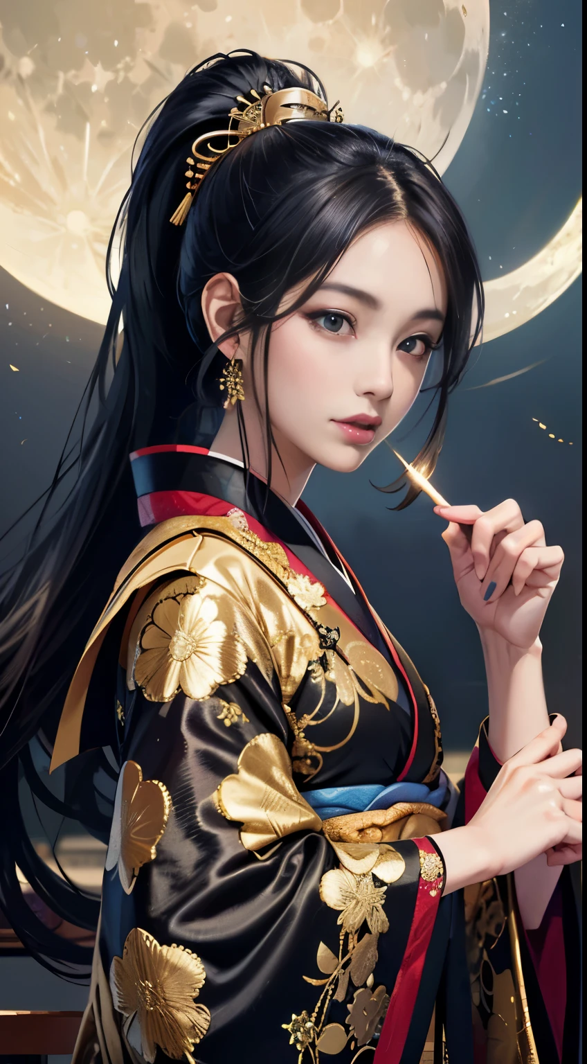 detailed background((moon:1.5),ruined city)、break,elaborate costumes{luxury kimono(black kimono(fine golden embroidery,))}、(japanese idol(actress):1.2)(perfect face:1.2),Expressing a beautiful and elegant woman。glossy black hair,ponytail,heart in the eyes。 Wallpaper 16K, .Blur the background with a sickle,((table top)), ((highest quality)),{{portrait photography}},Full body Esbian、Vision,Like a corporate logo