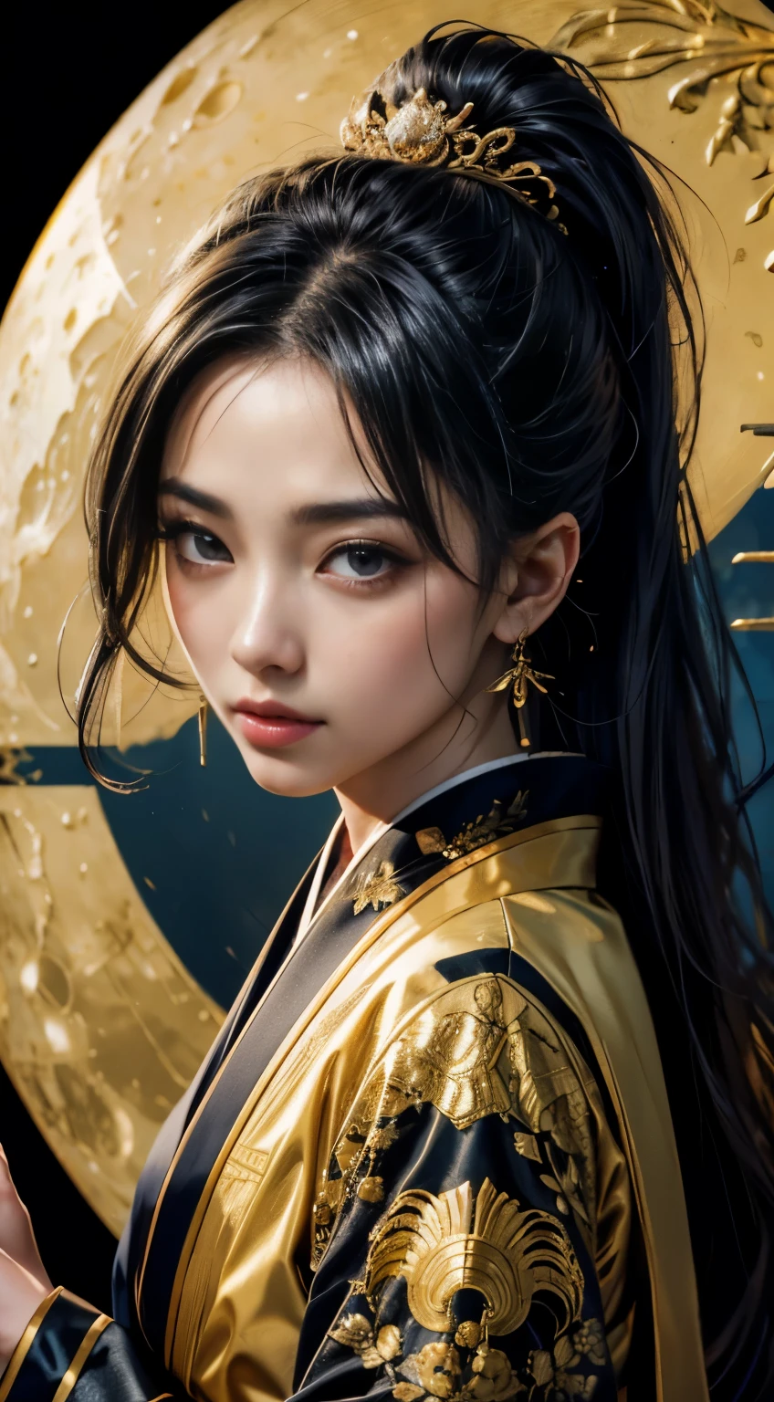 detailed background((moon:1.5),Japanese old townscape),elaborate costumes{luxury kimono(black kimono(fine golden embroidery,))}、(japanese idol(actress):1.2)(perfect face:1.2),Expressing a beautiful and elegant woman。glossy black hair,ponytail,hearts in eyes。 Wallpapers 16K, .Blur the background with a sickle,((table top)), ((highest quality)),{{portrait photography}},Full body Esbian、vision,