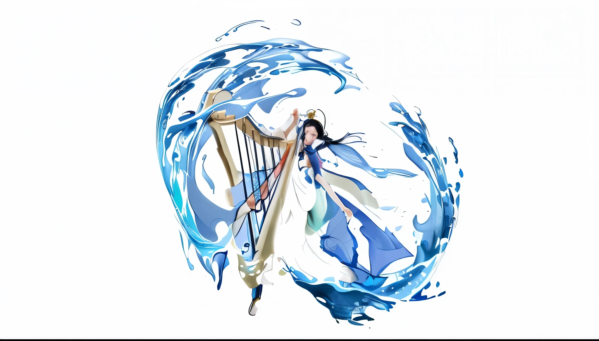 Chinese beautiful woman，Two dimensions，splash，Water properties，harp，beautiful，gorgeous，onmyoji style