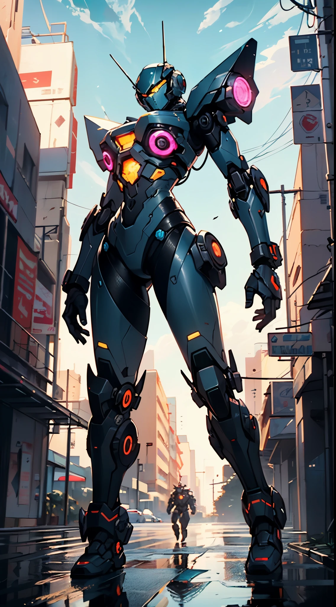 holding weapons, (no humans:1.3), glowing, (female mech: 1.3), female_mech,female robot, (flying: 1.3), glowing eyes, black mecha, science fiction, long legs, reality, mecha,
(dynamic pose:1.0),solo focus,embarrassed,(centered,scale to fit dimensions,Rule of thirds),
cyberpunk city by the ocean at night, with bright neon signs and dark stormy clouds and puddles, scenery:1.25,
artistic photography,(photography taken by sldr),highres, sharp focus, (ultra detailed, extremely detailed), (photorealistic artwork:1.37),(extremely detailed CG unity 8k wallpaper),((synthwave background theme)),(((vibrant colors))),(intricate background),(masterpiece),(best quality)