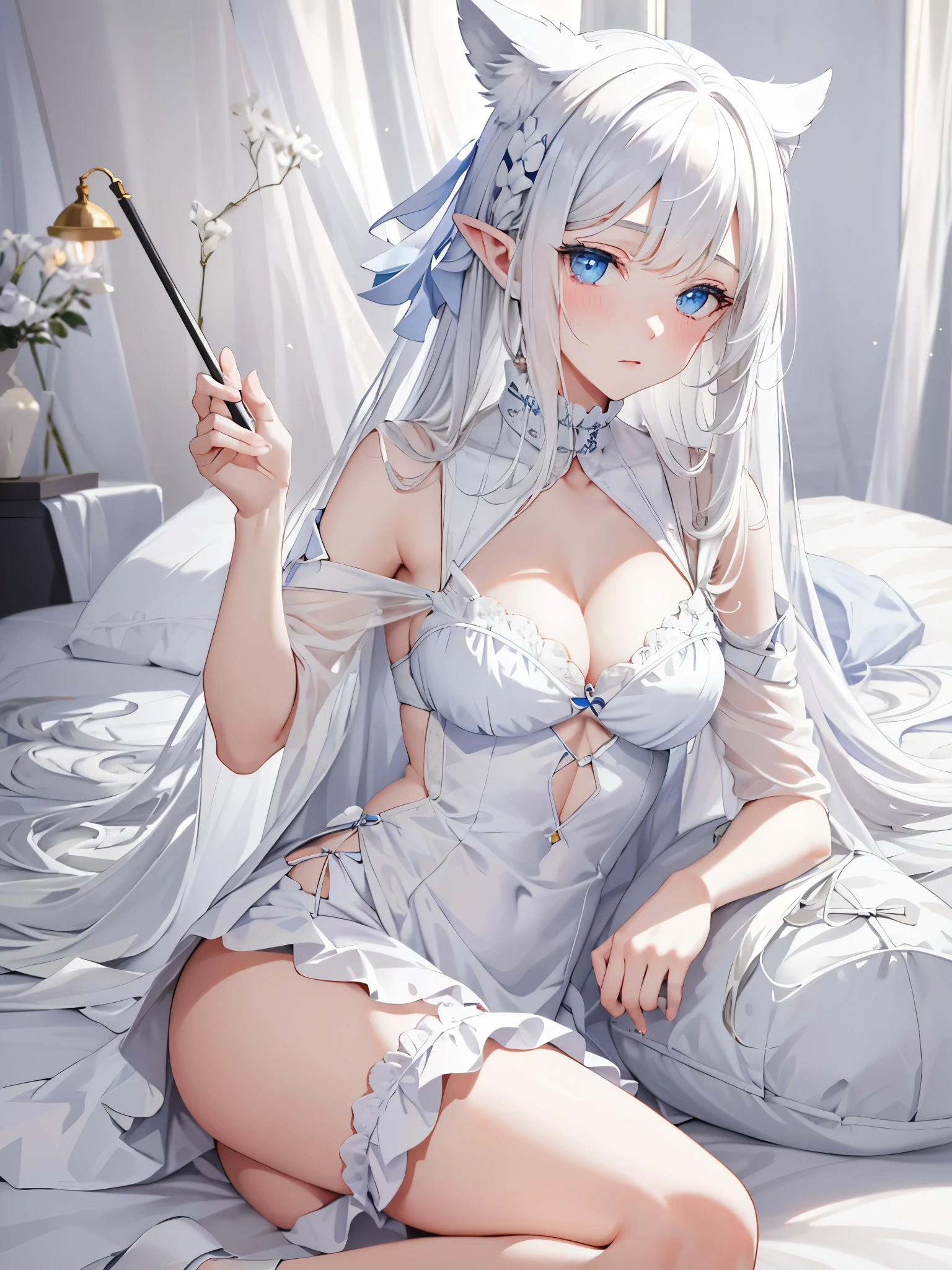 Lazy wind,wide blue eyes,White hair,Dull hair,Beast-eared maiden,White tones,sitted,1girll,Solo,adolable,white dresses,Hazy big eyes,Facial details are exquisite,Beth,onbed,Impeccable,Cute pose
