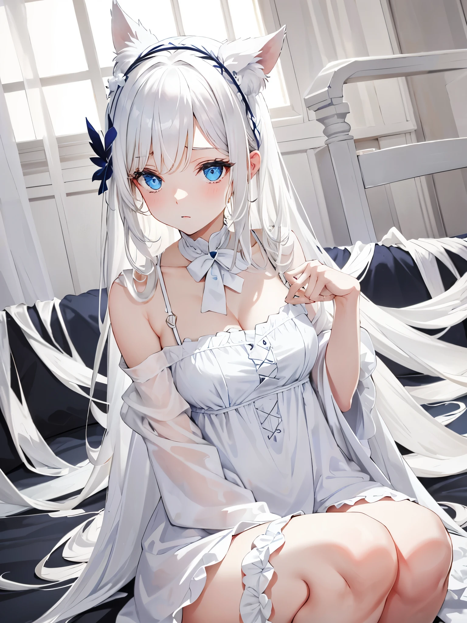 Lazy wind，wide blue eyes，White hair，Dull hair，Beast-eared maiden，White tones，sitted，1girll，Solo，adolable，white dresses，Hazy big eyes，Facial details are exquisite，Beth，onbed，Impeccable，Cute pose