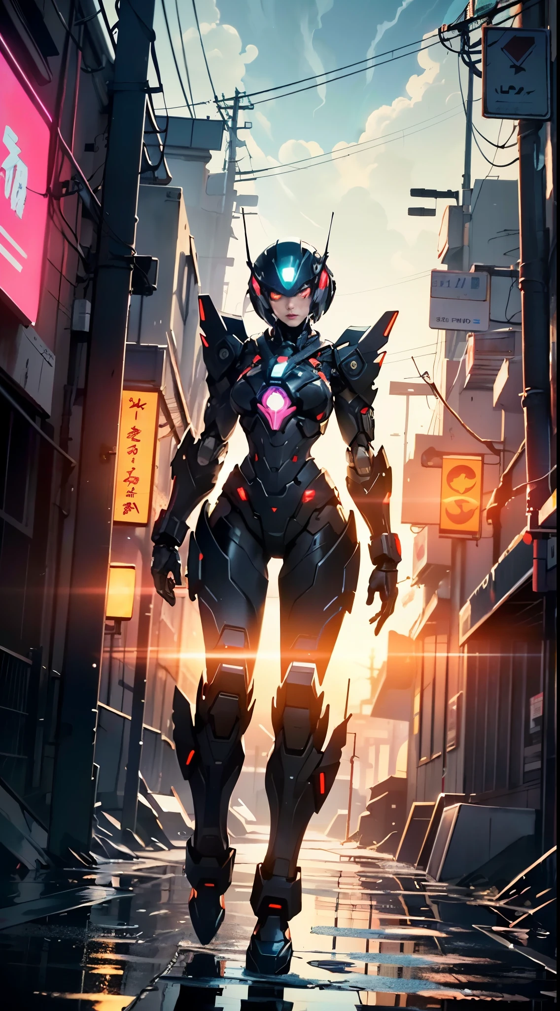 holding weapons, (no humans:1.3), glowing, (female mech: 1.3), female_mech,female robot, (flying: 1.3), glowing eyes, black mecha, science fiction, long legs, reality, mecha,
(dynamic pose:1.0),solo focus,embarrassed,(centered,scale to fit dimensions,Rule of thirds),
cyberpunk city by the ocean at night, with bright neon signs and dark stormy clouds and puddles, scenery:1.25,
artistic photography,(photography taken by sldr),highres, sharp focus, (ultra detailed, extremely detailed), (photorealistic artwork:1.37),(extremely detailed CG unity 8k wallpaper),((synthwave background theme)),(((vibrant colors))),(intricate background),(masterpiece),(best quality)
