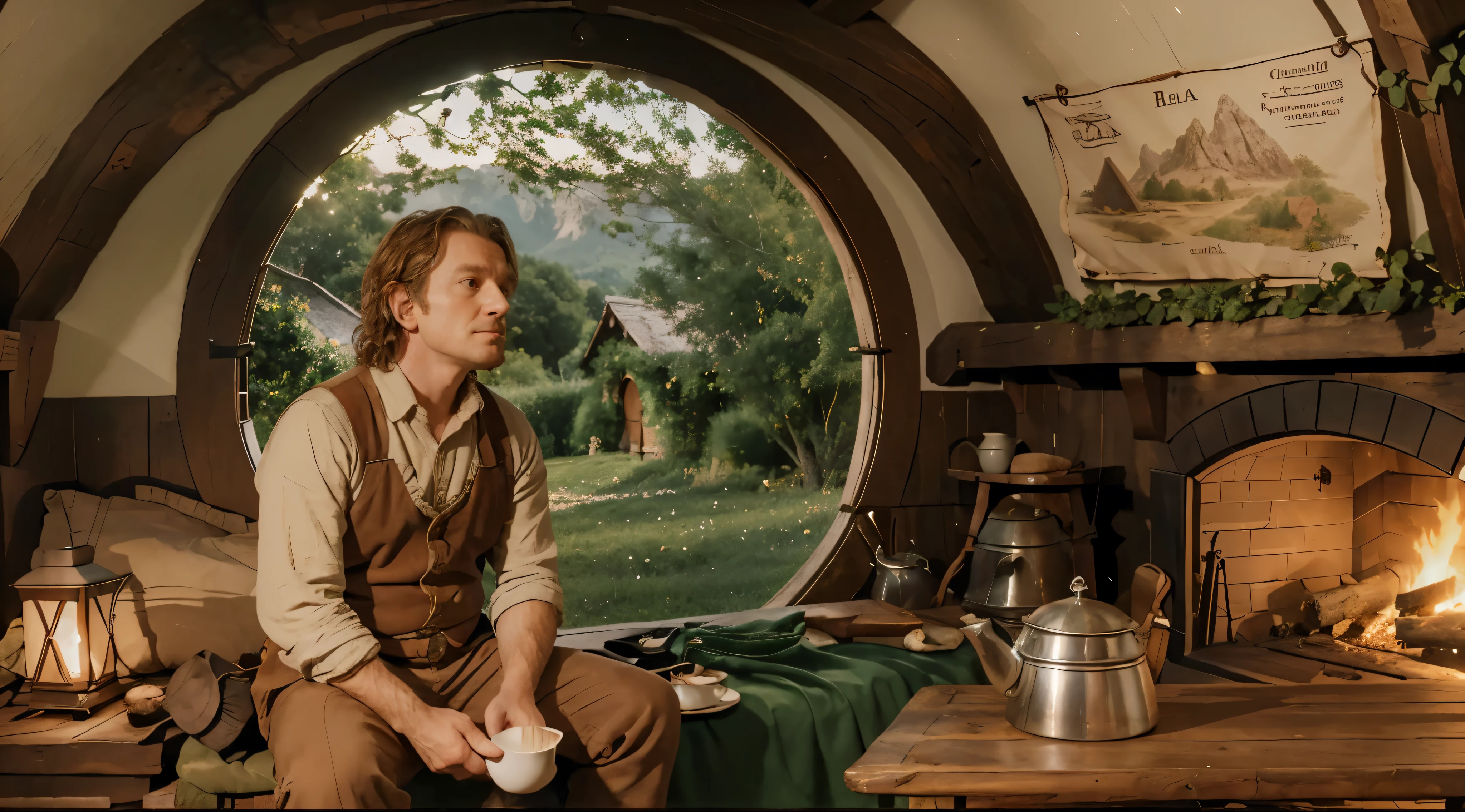 Bilbo sitting on the bed holding a mug of coffee, Casa do hobbit, procurando um mapa antigo do condado na parede, there is a fireplace in the room, uma mesa de madeira com uma velha chaleira de ferro. Outside there are green fields with trees, e uma montanha gelada de volta (make more detailed objects)