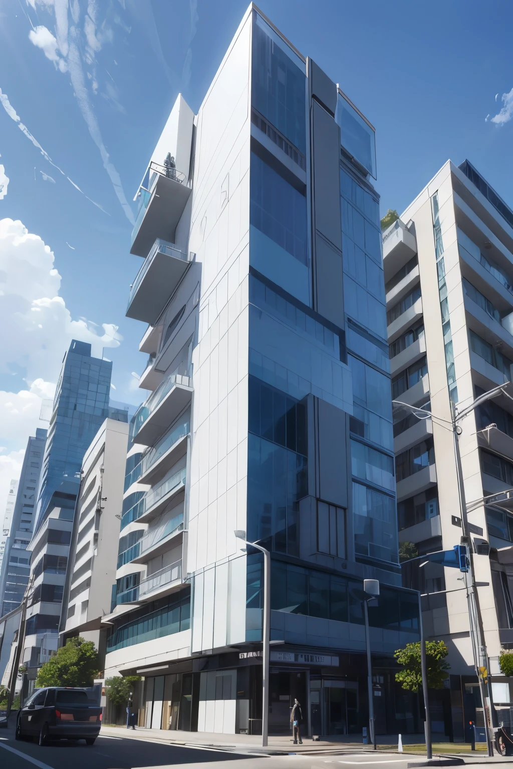 Modern facade, a 3D rendering of an apartment building, crafted in the distinctive style of architects Richard Meier, Jake Wood-Evans, Kazuki Takamatsu, and the Spiral Group. The contemporary glass building is adorned with sleek lines and clean geometric shapes, reflecting the brilliance of the sun.
Jake Wood-Evans' influence is evident in the Building's intricate facade, with its bold use of glass and metal, creating a stunning dichotomy between transparency and solidity. Kazuki Takamatsu's minimalist design philosophy shines through in the building's uncluttered spaces, allowing each line and form to stand out