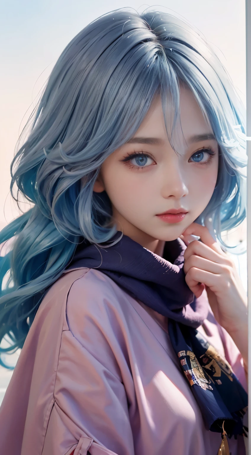 1 6 girl,Elementa a red scarf,child,Cute little girl skin color eyes,blue urls、semi long hair,Cute pink lips,wearing a bright shirt,in a pastel color palette aurorapunk style,Anime illustration of her face,Animated GIFs,Finger animation,Fascinating sketches,Smooth and shiny,Hazy,super blanket style,White background - AR 1:1--Niji 5--Stylistic expression--S 50,No makeup,Super cute face without makeup