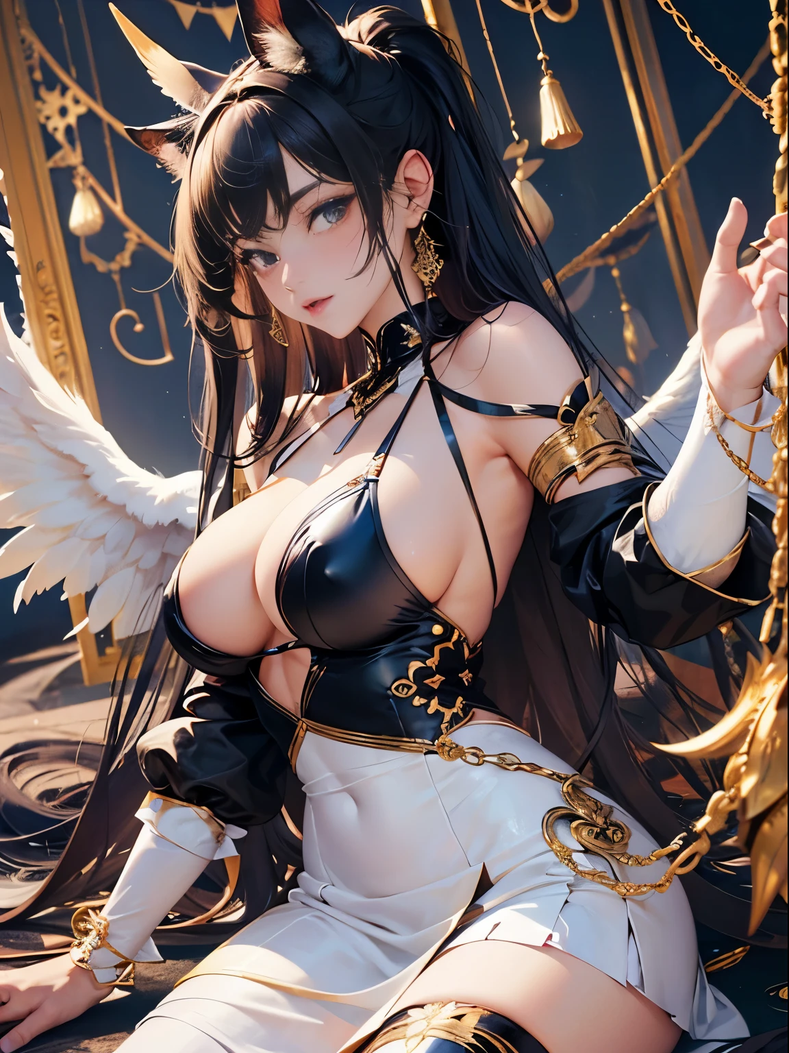 Beautiful woman of the angel tribe、Black shiny hair with big white wings。Half human woman and half angel、((Finest quality)),(超A high resolution),(ultra-detailliert),((Best Anime)),sharpnes,Clair,Art with astounding depictions,Glamorous atmosphere:1.4, (Dress with gorgeous embroidery in gold color on white leather BDSM,Limbs are 2 pairs,skirt by the,Woman with long black hair,)),