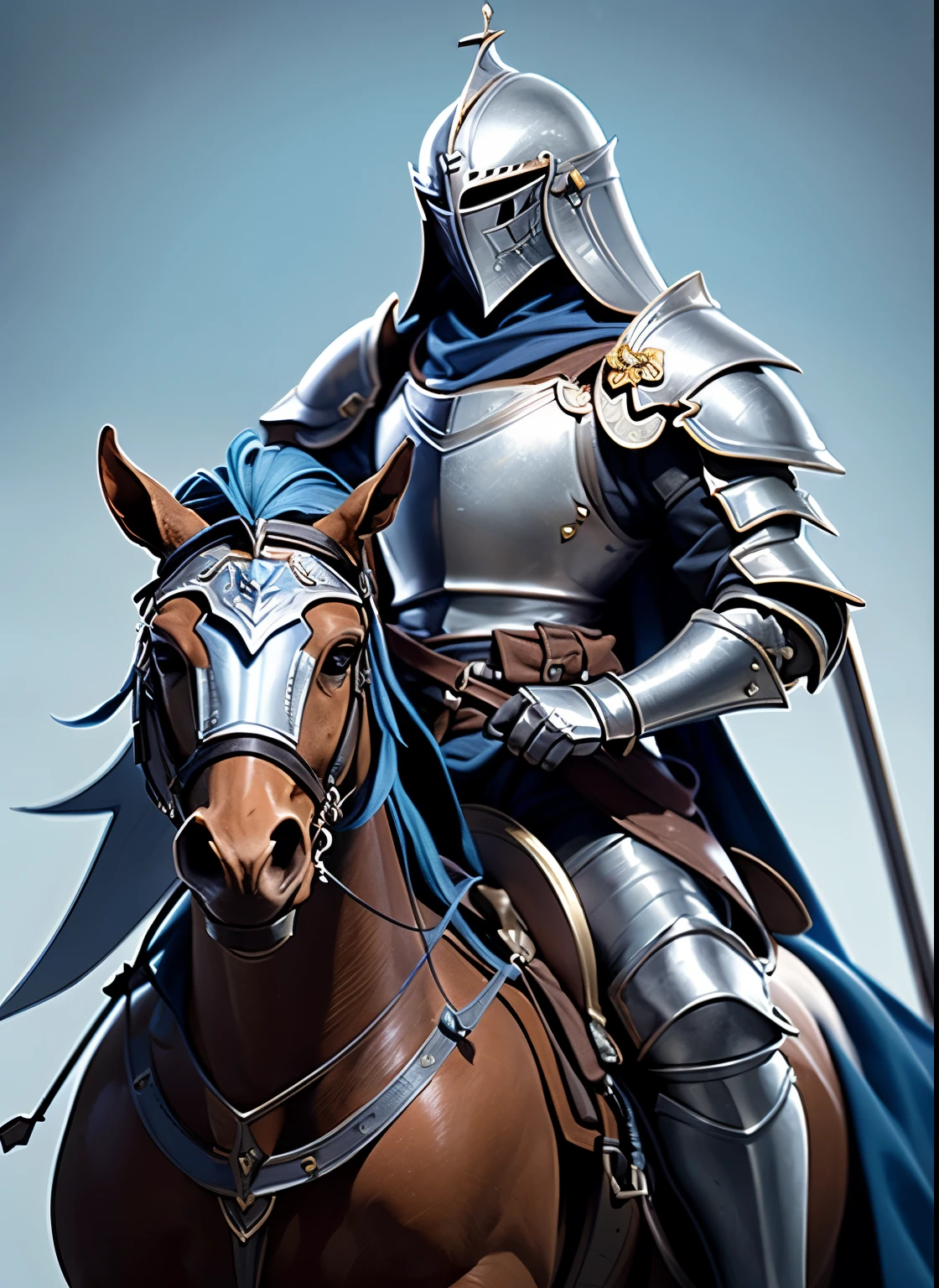 Masterpiece, best quality, ultra detailed, 8k, !(a person on a horse with a helmet on, knight on horseback, heavy cavalry, blue and ice silver color armor, armored knight, fantasy knight, wearing shining armor, (((knight))), shining plate armor, medieval knight, silver armor, knight, shinning armor, knight armor, white plated armor, heroes of might and magic 3, teutonic knight)