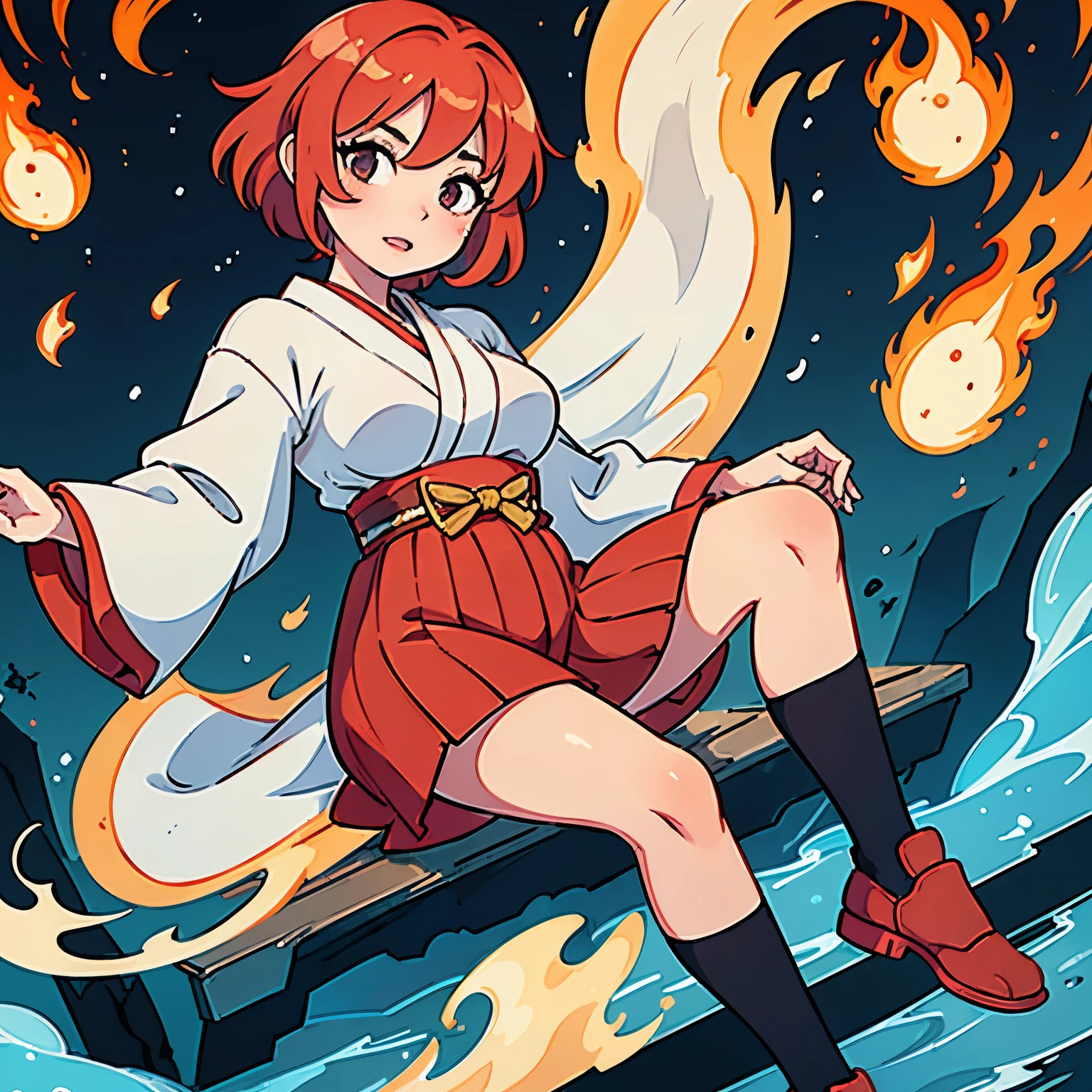character called Haruka, she is redheaded, has a muscular body, anime style, wearing a Japanese outfit with black socks