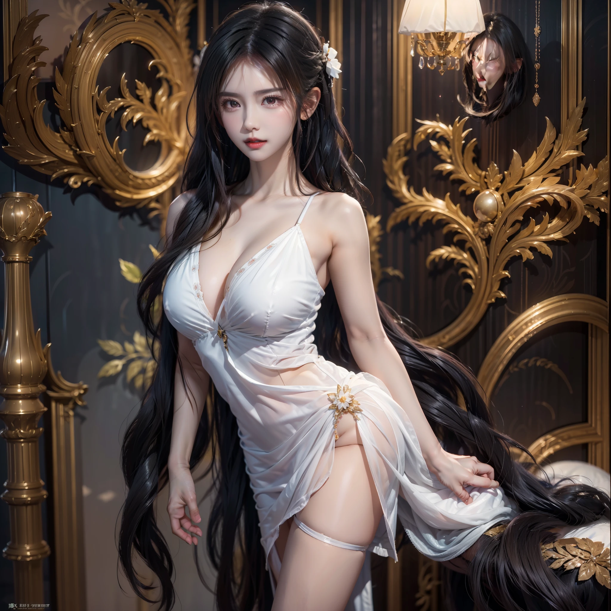 ((best image quality、highest quality、highest resolution、Ultra-realistic photography、full body photo、16ｋ、))、Massive amount of black hair on the bed、Super long hair about 10 meters long,,,、One adult woman、very beautiful face、She has super long hair that covers her whole body、The longest black hair in the world、Long black hair clings to the whole body、Black hair with the most hair in the world、Very long and beautiful hair flies all over the screen、White underwear or naked、