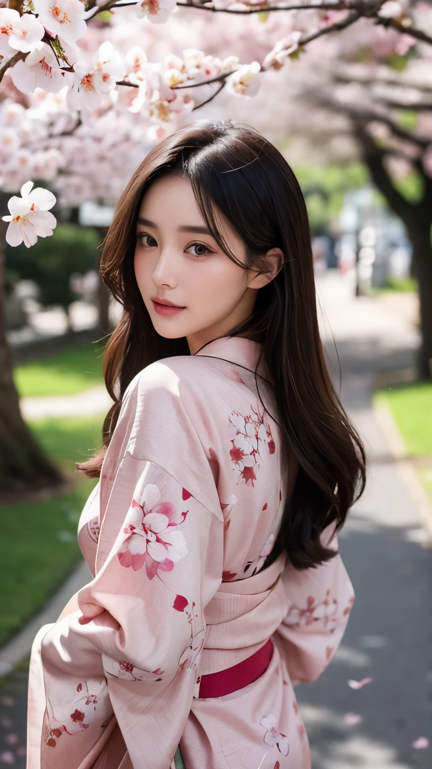 Beautiful supermodel woman with dark hair, A lock of hair with slight highlights, black eyes, mixed media, sexy，cherry blossom tree background，Gorgeous kimono , Liquid color flows across her face, Photographed by Yui Aragaki