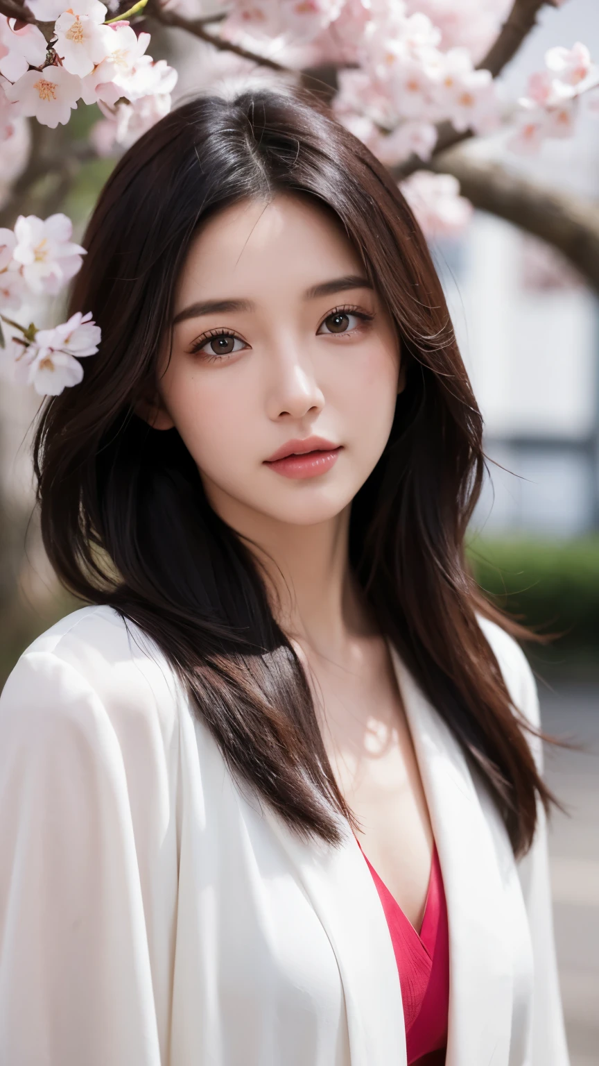 Beautiful supermodel woman with dark hair, A lock of hair with slight highlights, black eyes, mixed media, sexy,cherry blossom tree background,JK , Liquid color flows across her face, Photographed by Yui Aragaki