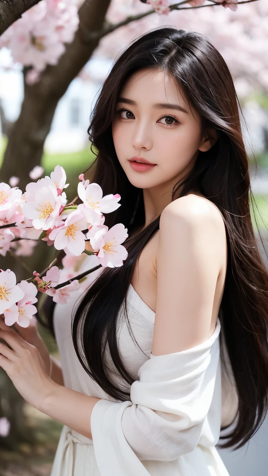 Beautiful supermodel woman with dark hair, A lock of hair with slight highlights, black eyes, mixed media, sexy,cherry blossom tree background,JK , Liquid color flows across her face, Photographed by Yui Aragaki