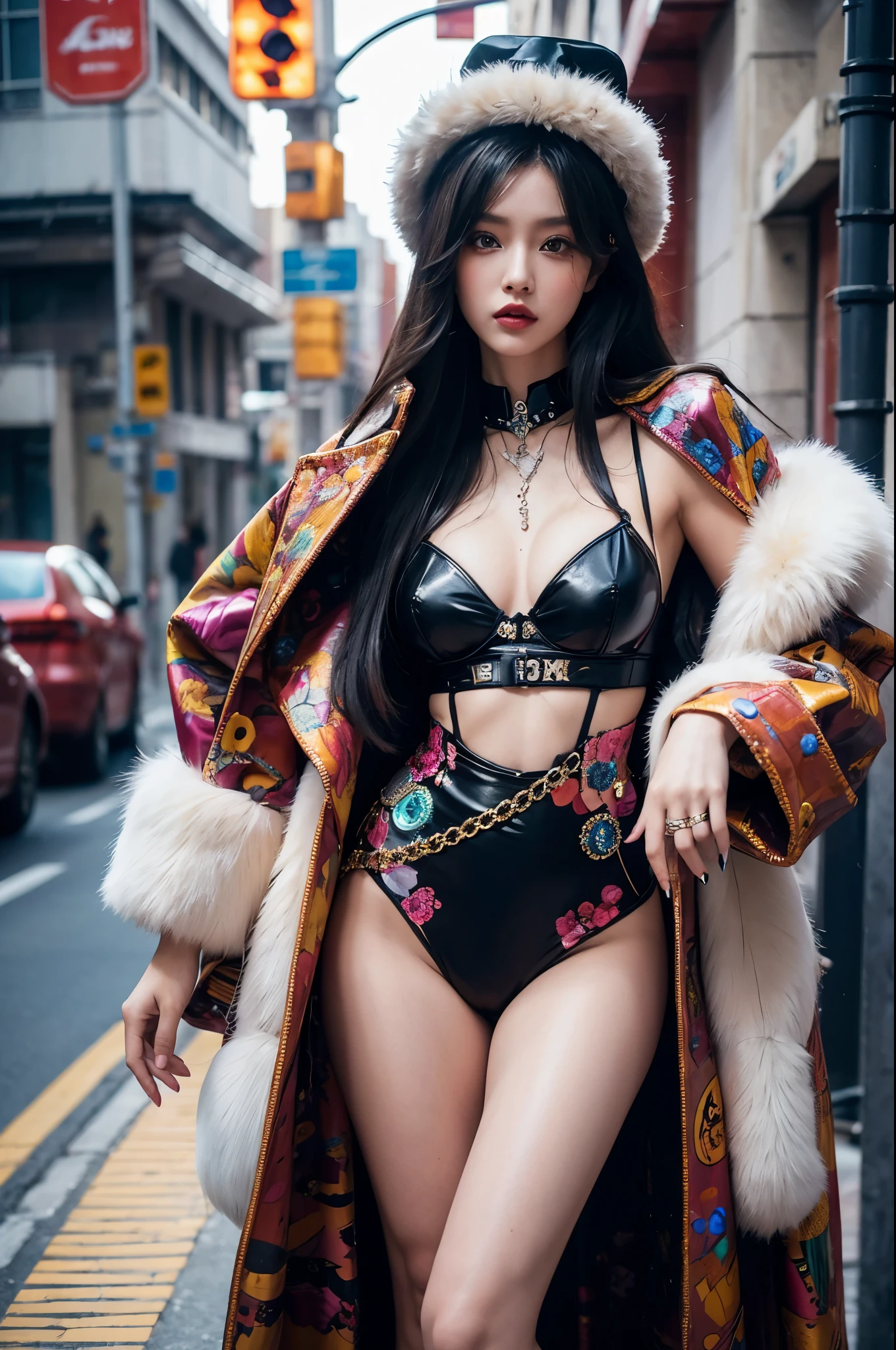 embedding:E-GM\E-Girls_Mansion_Blackee is a girl with normal hips in a colorful dress and fur coat posing for a picture looking at the viewer, wearing edgTM_style fashion, eccentric clothing, 16K, Award Winning, Best Quality, High Quality, Highres, Masterpiece, Super Detail, Photography Style, Photorealism Style, Hyperrealism Style, Hyper maximalist, Fashion Photography, Glamour Photography, embedding:Positive\epiCPhoto,