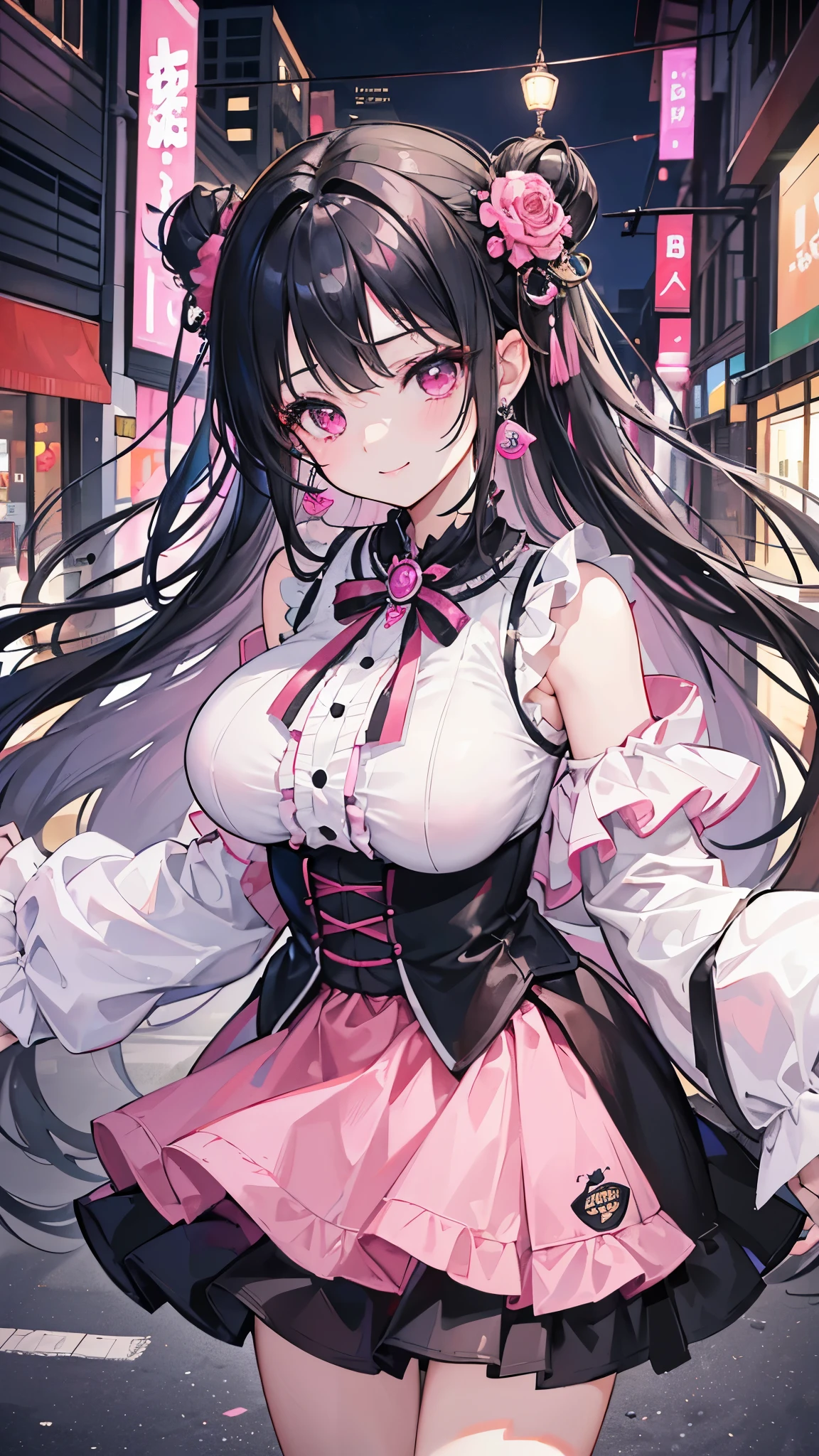 (8K、Highest image quality、highest quality、masterpiece)、detailed face、1 girl、black hair、hime cut、long hair、pink eyes、smile、earrings、big breasts、Pink ruffled clothes、black mini skirt、jirai kei、cowboy shot、Downtown background at night
