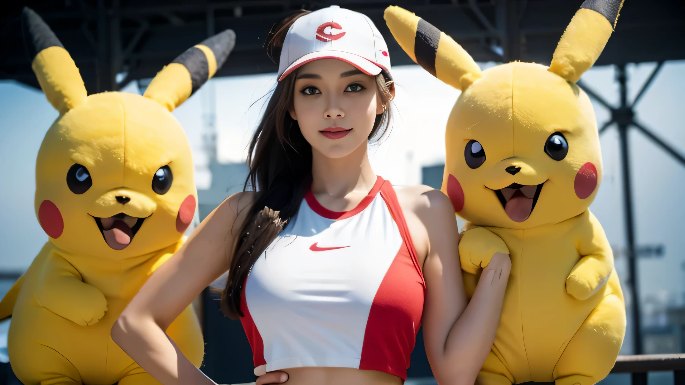 1girl,pikachu crop top, pikachu, shorts, (((best quality))),(((ultra detailed))),(((masterpiece))), idol beautiful stunning face, make up, smile, red cap, all body shot, pokemon background, sexy pose, huge boob, hot nice body, ((realistic)), ((all body), pokemon style, pokemon costume