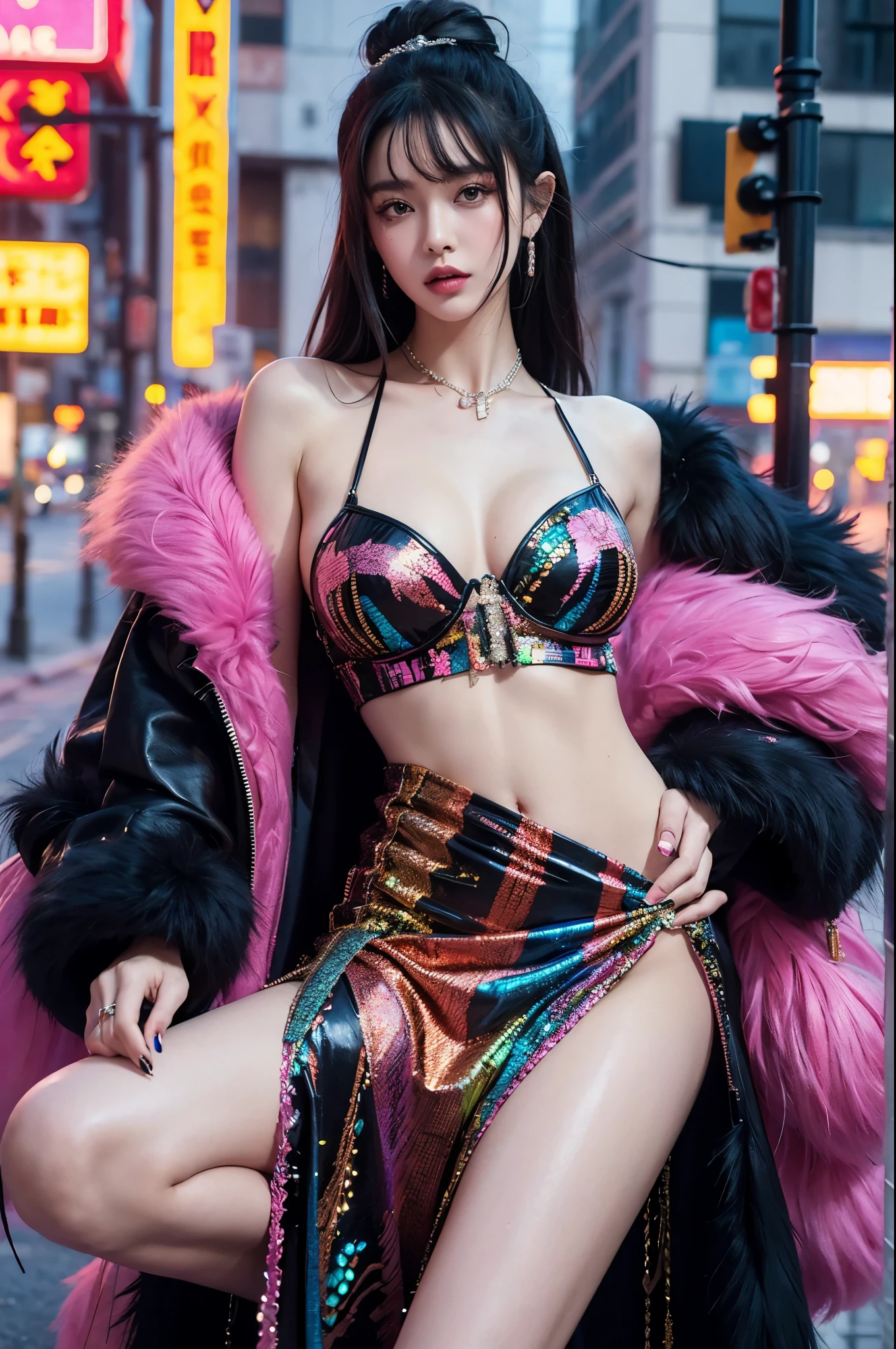 embedding:E-GM\E-Girls_Mansion_Blackee is a girl with normal hips in a colorful dress and fur coat posing for a picture looking at the viewer, wearing edgTM_style fashion, eccentric clothing, 16K, Award Winning, Best Quality, High Quality, Highres, Masterpiece, Super Detail, Photography Style, Photorealism Style, Hyperrealism Style, Hyper maximalist, Fashion Photography, Glamour Photography, embedding:Positive\epiCPhoto,