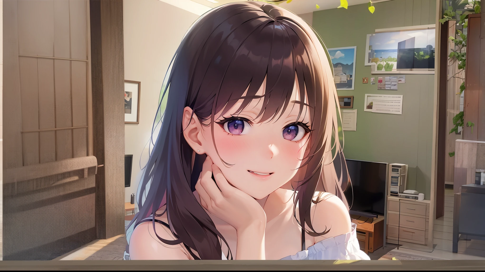 pov,(selfie:1.2),phone_screen,head_out_of_frame, shooting from above、 Realistic, real person, RAW photo, photorealistic, portrait photography, shiny skin, japanese idol、A 25-year-old woman with medium-long hair with bright chestnut bangs.、(wearing an orange off-shoulder blouse:1.5)、sitting、shy, (Smiling embarrassedly:1.5), blush, open mouth, Alone、The background is the living room