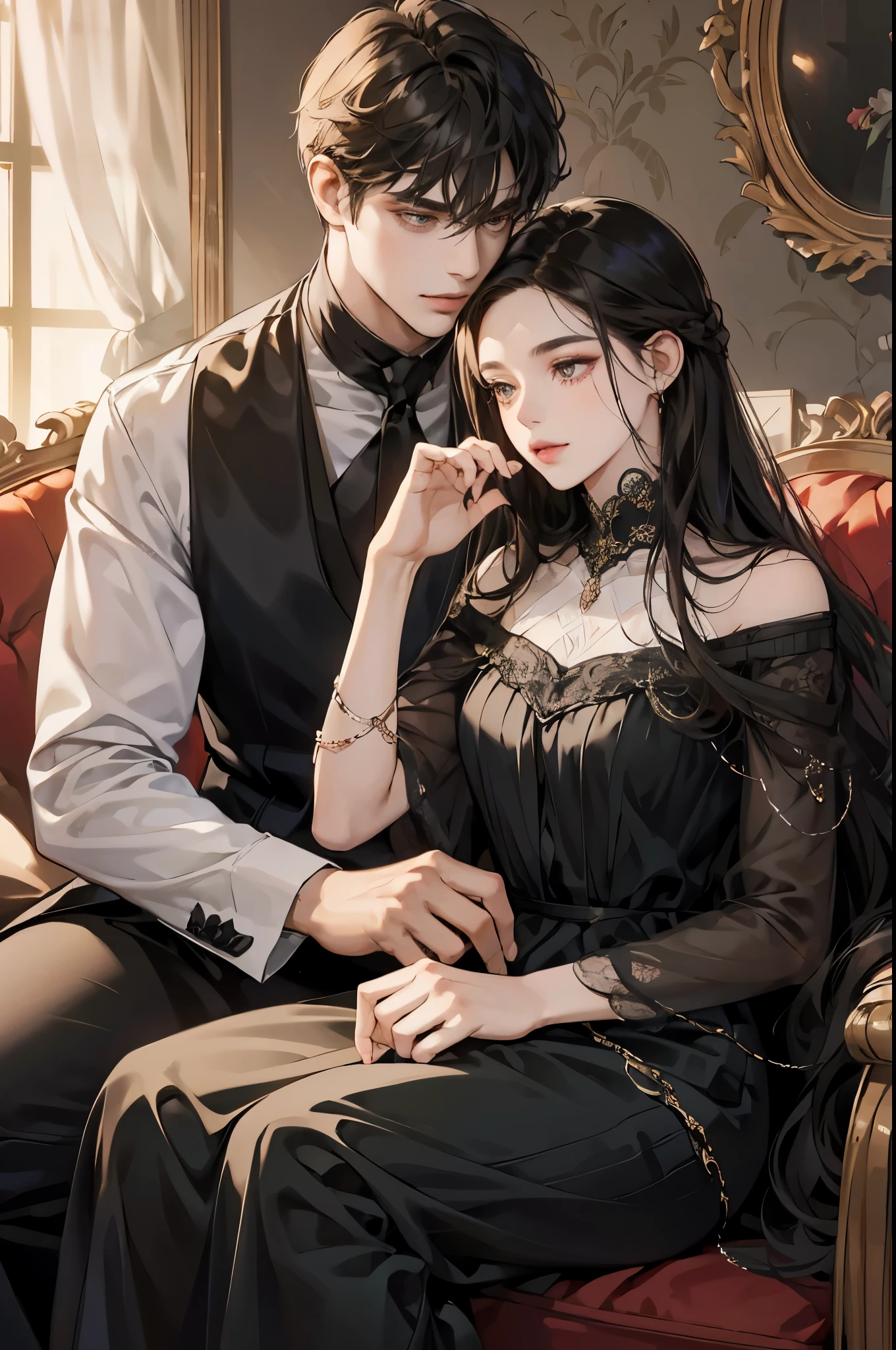 best quality,outstanding,couple, 1 Girl 1 Boy, It's all brunette hair,The woman has long black hair,Man with short black hair, romantic, sit on lap, face to face. elegant long dress,facial details,Beautiful face high details,HD,8k