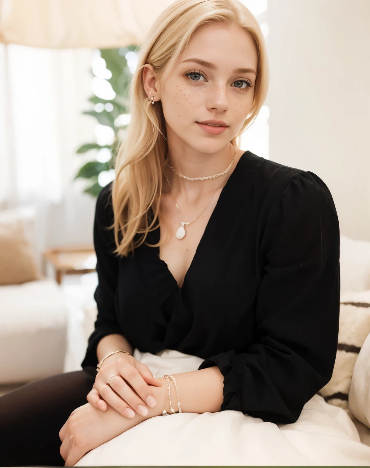 mulher, americana, 25 anos, pale skin and freckles, olhos cinzas, nariz delicado, soft and delicate lips, Cabelo blondie cinza longo e ondulados, sorriso meigo
