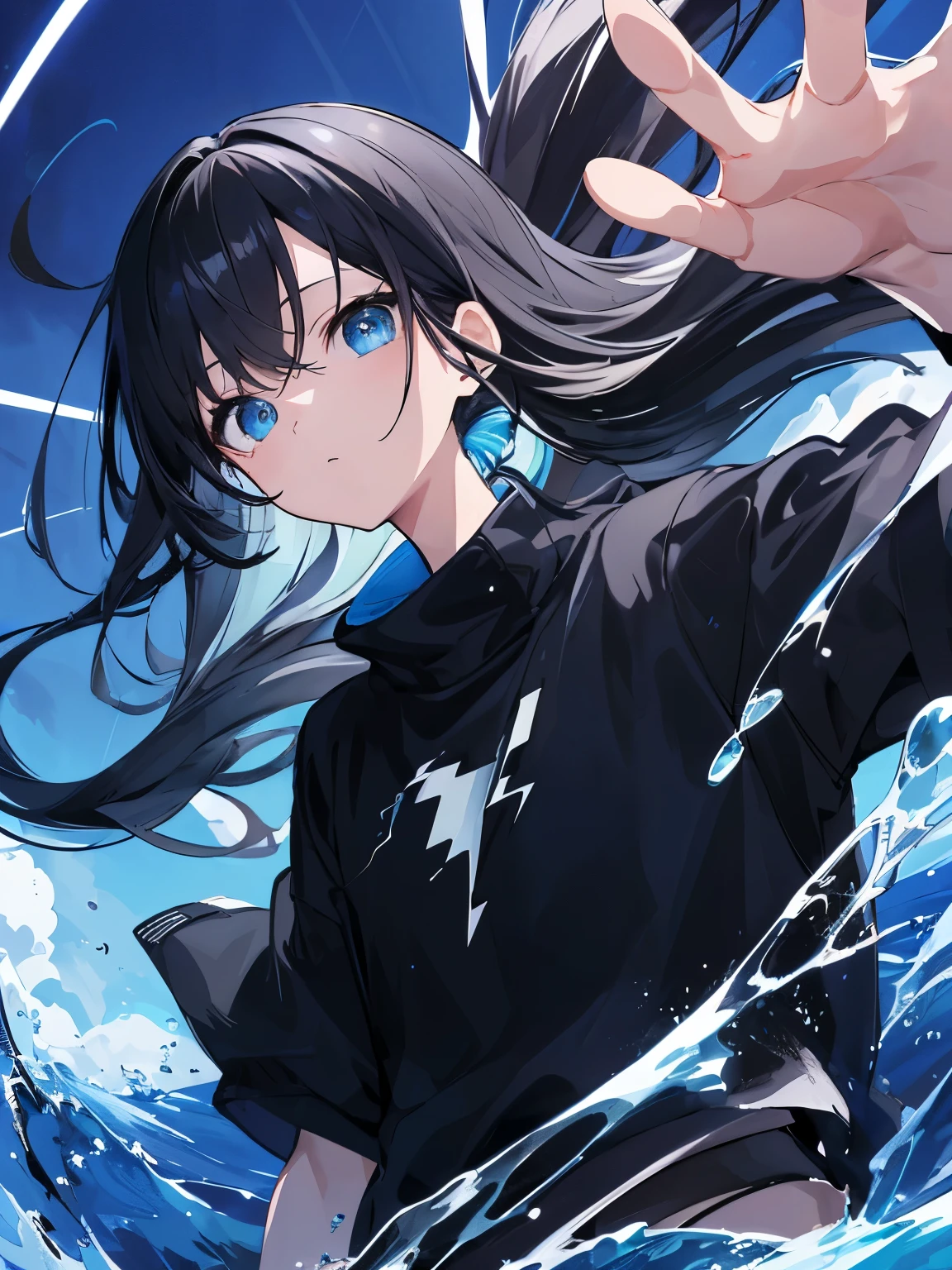 masterpiece、masterpiece、high resolution、8K、Jewel Eyes、Sporty girl、cool、とてもcool、Anime Illustrations、water、transparency、black jumper,Cool Angle,Wind,illustrator's drawing,clear color,mysterious art,dynamic angle,dynamic lightning,black hair,blue eyes,long hair