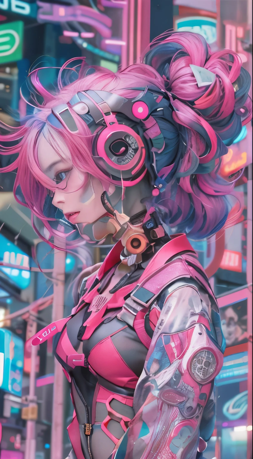 masterpiece, highest quality, Cyberpunk girls, Pop costumes inspired by Harajuku, Bold colors and patterns, eye-catching accessories, Trendy and innovative hairstyles, bright makeup, Cyberpunk dazzling cityscape, skyscraper, neon sign, led lights, Bright and vivid color scheme, The overall color is pink,anime, figure, fine skin texture, fine cloth texture, beautiful detailed face, intricate details, Super detailed,Has an elongated sword,