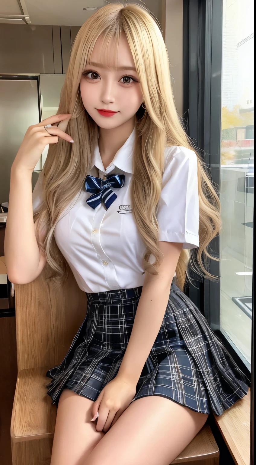 high quality、blonde、checked skirt、White Y-shirt、gal、mini skirt、Bright hair color、bronze hair、Sexy School Uniform、blonde、high school girl、Slender legs、beautiful eyelashes、High resolutionの顔、zoomout、20 years old、Knee-deep angle of view、best quality, illustration, Super detailed, fine details, High resolution, 8K Dende Wallpaper, beautiful detailed eyes, random cute hairstyles, C cup breasts, natural color lip