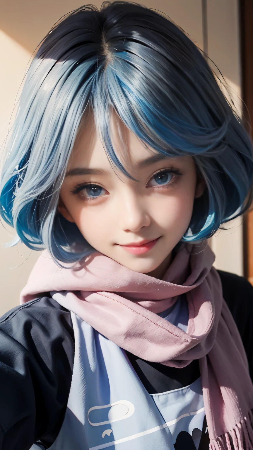 1 6 year old girl,Elementary school student wearing a red scarf,child,happy grin,Cute little girl skin color,blue eyes,blue hair,curls、semi long hair,Cute pink lips,wearing a bright shirt,in a pastel color palette aurorapunk style,Realistic illustration of her face,Finger realistic,Fascinating sketches,Smooth and shiny,Hazy,super blanket style,School background--ar 1:1--Niji 5--Stylistic expression--S 50,No makeup,Super cute without makeup