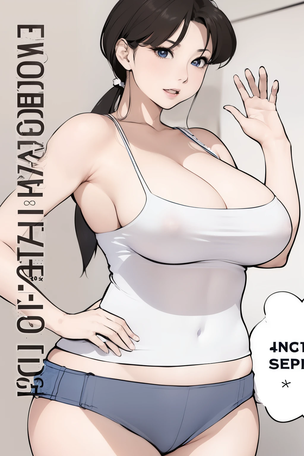 a woman in a white tank top and blue panties, oppai, doujin, large breasts, sfw version, | fine detail anime, large)}], oppai proportions, with a large breasts, covered sfw huge breasts, manhwa, with large breasts, detailed!!!!!!!, realistic!!, japanese manga, beautiful alluring anime teen, detailed!!