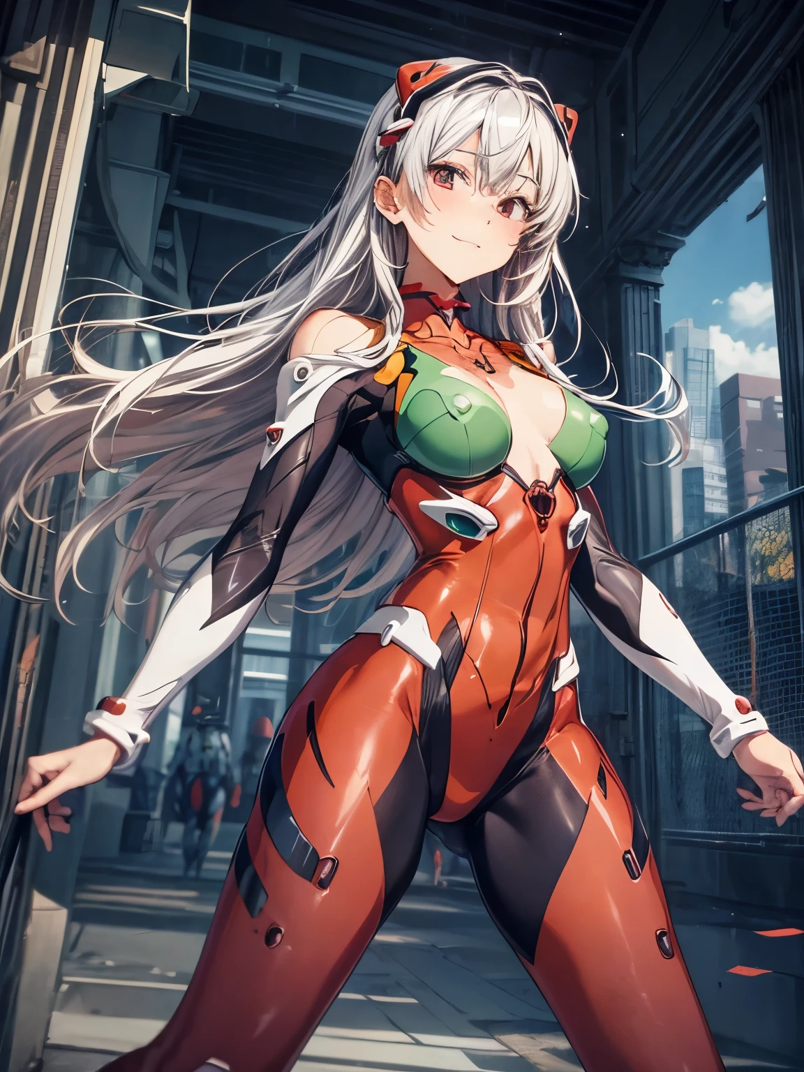 highest quality、All limbs、full finger、1 girl、((one beautiful woman、solo))、silver haired woman、Shoulder-length medium hair、straight hair、big breasted woman、big smile、(((red full body evangelion plug suit:1.2)))、(((fighting stance)))、legs shoulder-width apart