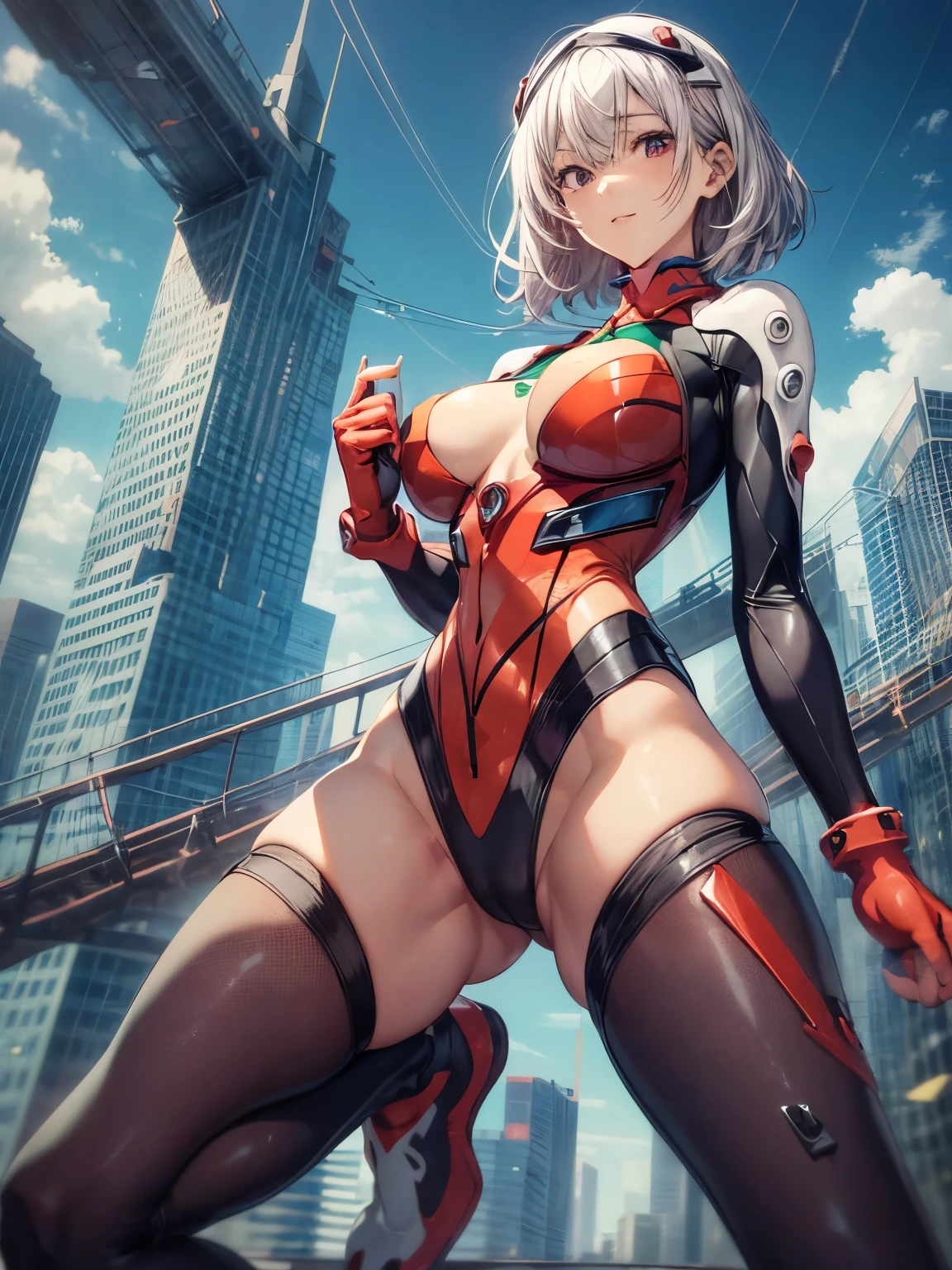 highest quality、All limbs、full finger、1 girl、((one beautiful woman、solo))、silver haired woman、Shoulder-length medium hair、straight hair、big breasted woman、big smile、(((red full body evangelion plug suit:1.2)))、((fighting stance))、legs shoulder-width apart