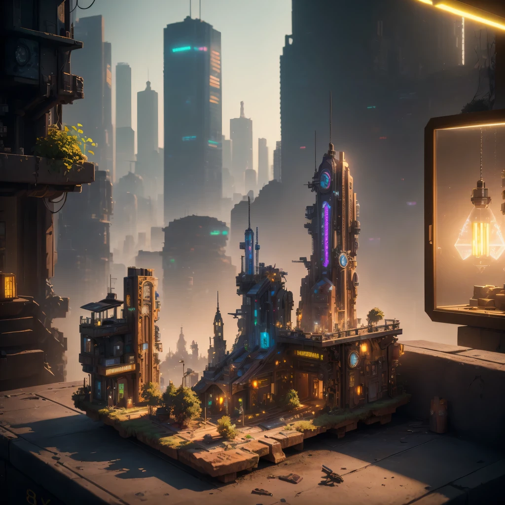 small realistic model, (8k, original photo, best quality, masterpiece:1.4),Steampunk Cyberpunk City,(Cyberpunk light:1.3),on the table,horizon (related to land),(in a small nature box:1.3),Isometric, small nature, landscape on foundation,landscape,