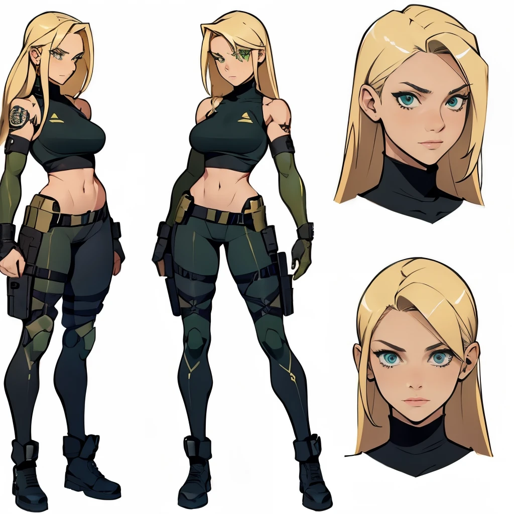 A girl with blonde hair and green eyes in a black tactical outfit without sleeves with scars covering her body and a big scar on her face full body character sheet style