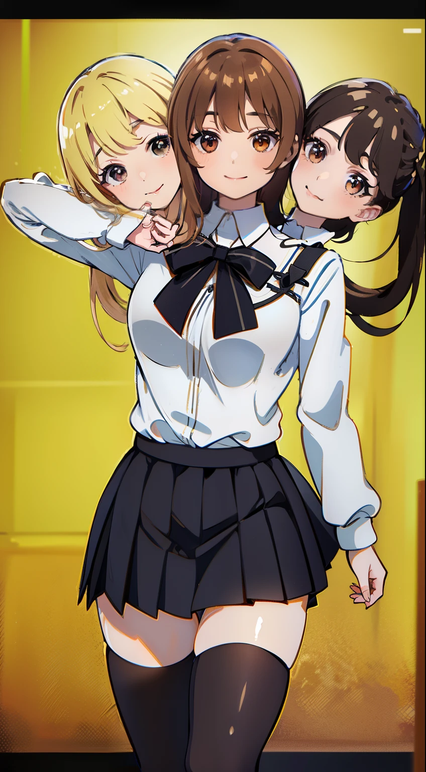 best quality, (masterpiece),(ultra-detailed), (high quality), (high resolution), (3heads:1.5) (tan blonde hair),(brown hair), (black hair), best quality:1.5, highres, UHD, 4K), smiling, masterpiece, best quality, highres, black thighhighs, pleated skirt, plaid skirt, school uniform, one side up, bowtie, sweater, white shirt, hair scrunchie, miniskirt, cowboy shot, standing,