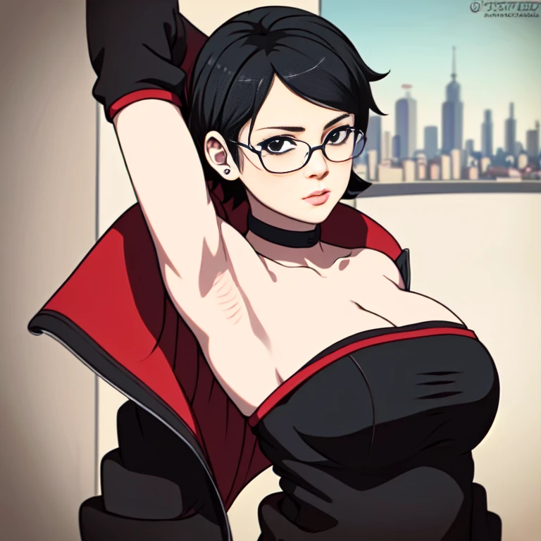 1girl, sarada ts model, curvy body, normal breasts, perfect shape, facing viewer, sweaty, gorgeous, ((arms up)), sleeveless, looking at viewer, confused face expression, arms up, showing off armpits, black clothes, detailed armpits crease, Sarada ts face, sarada ts outfit, black jacket, red glasses, sarada ts outfit, sarada ts hair, sweaty armpits, colorful, anime, ((solo)), 8k, ((leaf village in the background)), ((masterpiece)), HDR, highly detailed, professional.