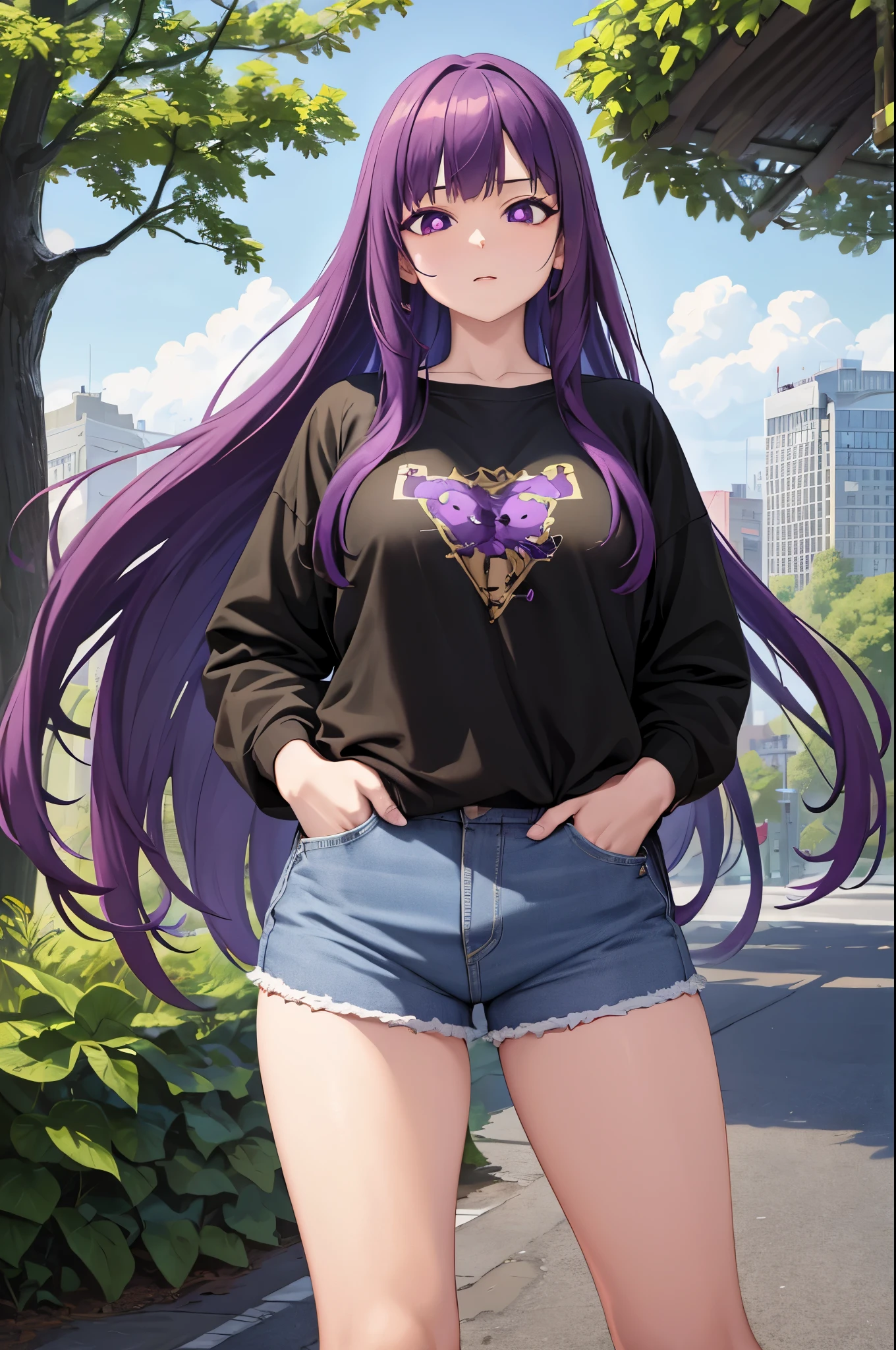 masterpiece, best quality, absurdres, perfect anatomy, 1girl, solo, FernFrieren, very long hair, purple eyes, (purple pupils), t-shirt, denim shorts, standing, outdoors, city, hands in pockets, 