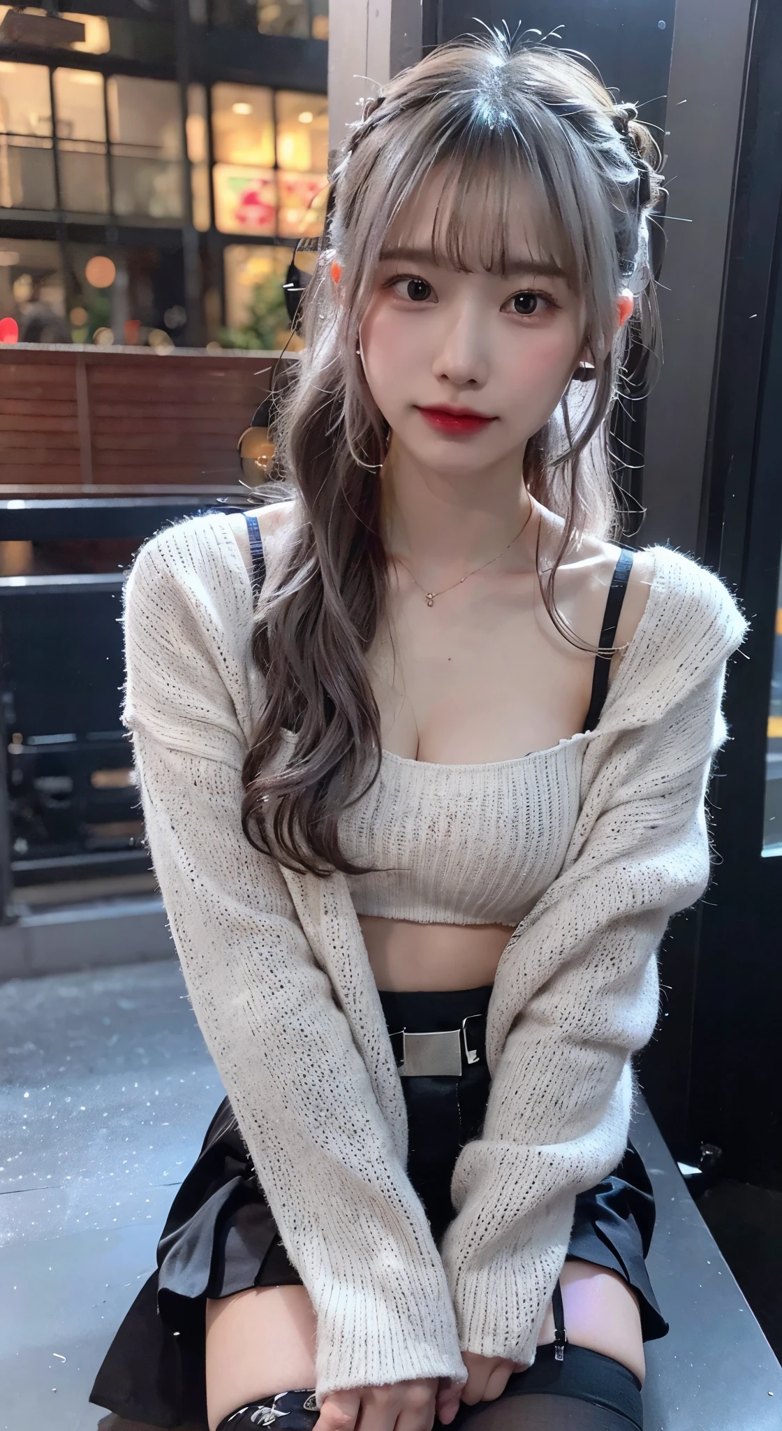 Realistic young gravure idol、japanese model、Young and cute gravure idol、attractive pose、japanese goddess、young gravure idol、Young skinny gravure idol、(masterpiece:1.3)、(8K、photorealism、Raw photo、best image quality:1.4)、18 year old Japanese girl、super detail face、eye for details、double eyelid、sharp focus:1.2、Beautiful woman:1.4、highest quality、Super high resolution、(Photoreal:1.4)、thin、Ribs appear prominent、in cyberpunk city、cityscape、girl、A sloppy smile、((gray hair:1.3))、wavy hair、bun hair、hairpin、beautiful and fine eyes、sweater dress、ribbed sweater、mini skirt、(The skirt has a slit that goes all the way to the waist.:1.u can see black panties through the slit:1.2)、sexy lingerie、garter belt stockings、knees、Knee-high boots、necklace、half glove ingarless shit、all、