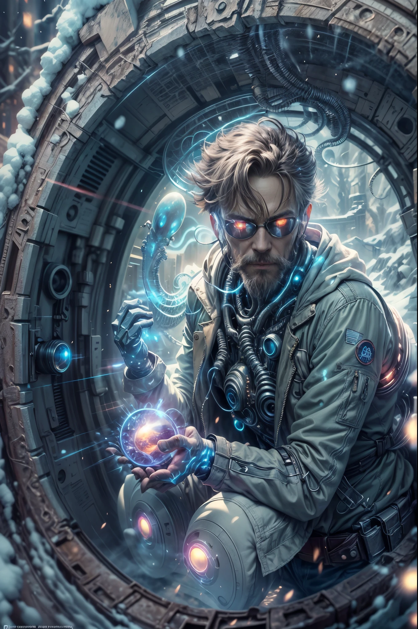 masterpiece, best quality, official art, extremely detailed CG unity 8k wallpaper, highly detailed, absurdres, 8k resolution, Panorama, Depth of field, (((titans))), solo, (soldier), thick eyebrows, beard, dark_persona, short hair, black hair, pauldrons, aviator sunglasses, cybernetic prosthesis, (safari jacket), (turning around), (look at viewer), in winter, snow,ice, snowflakes, (glacier), ((art nouveau)), ((alphonse mucha)), available light, Cinematic Lighting, (Magic Vortex),(alien portal:1.5,enters the portal:1.5)