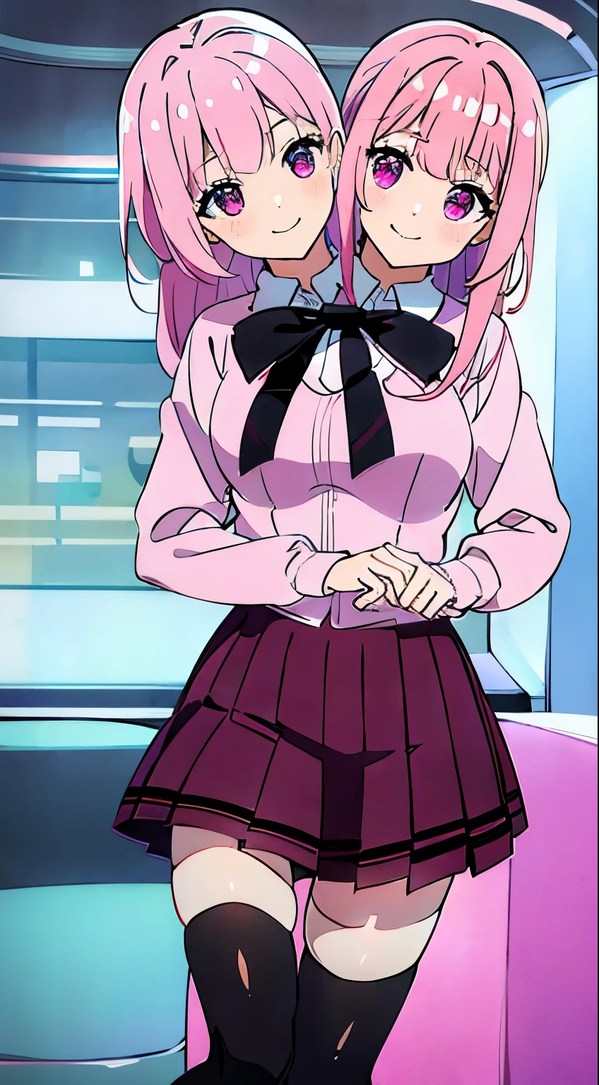 best quality, (masterpiece),(ultra-detailed), (high quality), (high resolution), (2heads:1.5) (magenta pink hair), violet eyes, best quality:1.5, highres, UHD, 4K), smiling, masterpiece, best quality, highres, black thighhighs, pleated skirt, plaid skirt, school uniform, one side up, bowtie, sweater, white shirt, hair scrunchie, miniskirt, cowboy shot, standing,