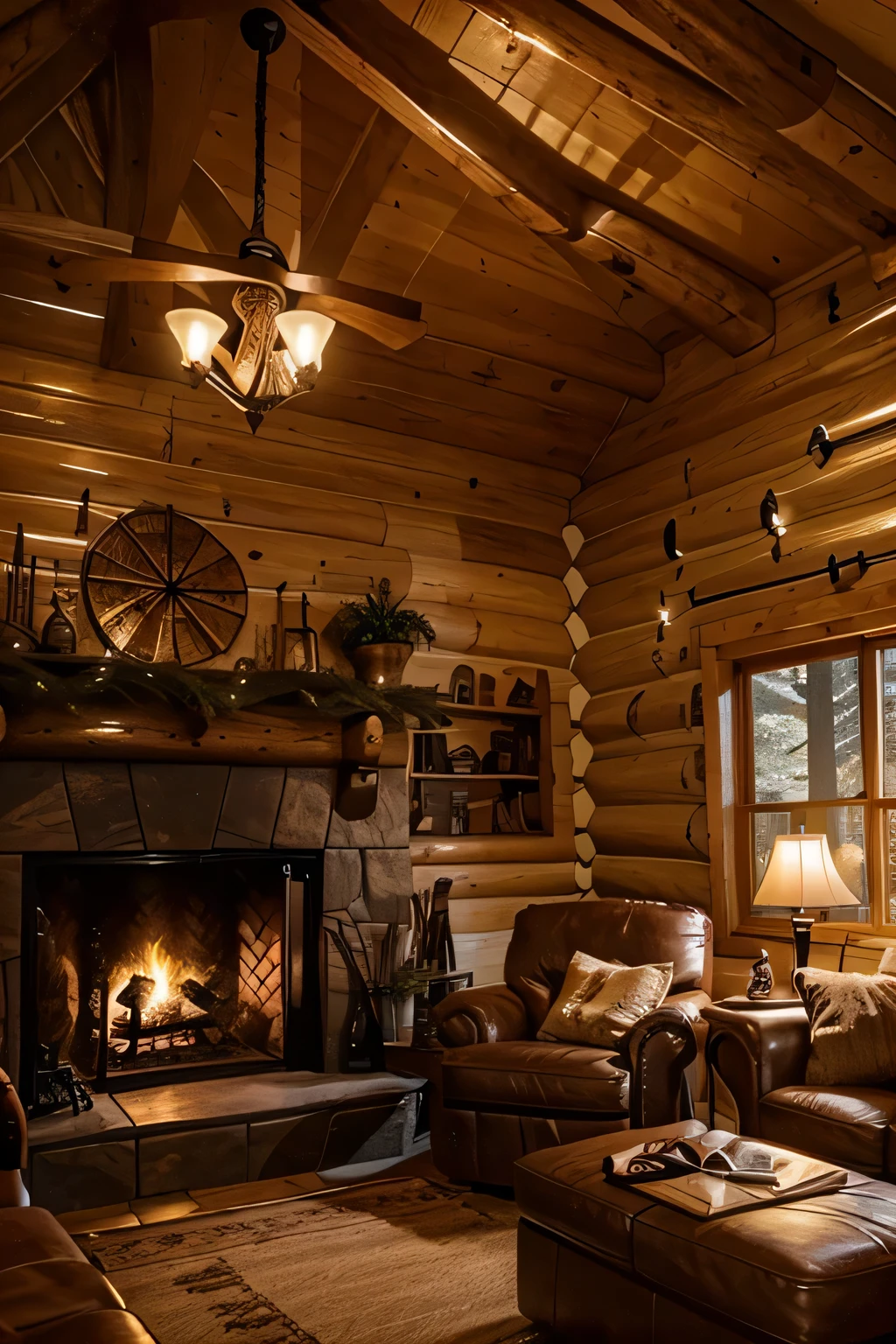 The interior of a charming wooden cabin.. Use soft lighting to highlight the rich tones of the wood.. Muestra detalles acogedores, like a crackling fireplace with dim lighting, comfortable furniture and soft blankets, creando un ambiente perfecto para relajarse.