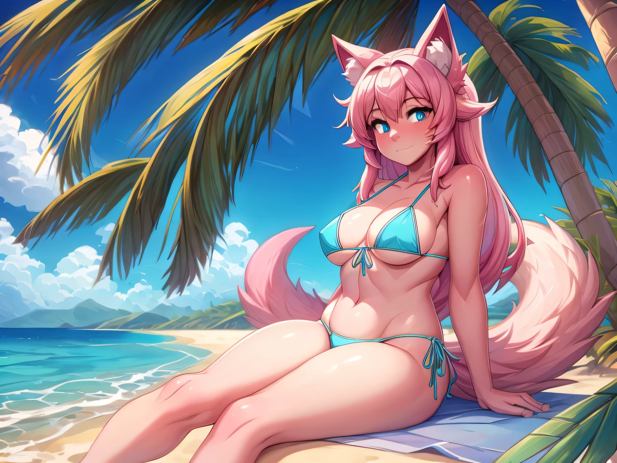 (Masterpiece) (High Detail) (High Res) A close up of A short cute humanoid girl with pale skin and turquoise eyes and long pink hair and pink dog ears and a big fluffy pink dog tail and average breasts, she is alone and is sitting on a beach in a bikini. Palm trees in background. Island in background.